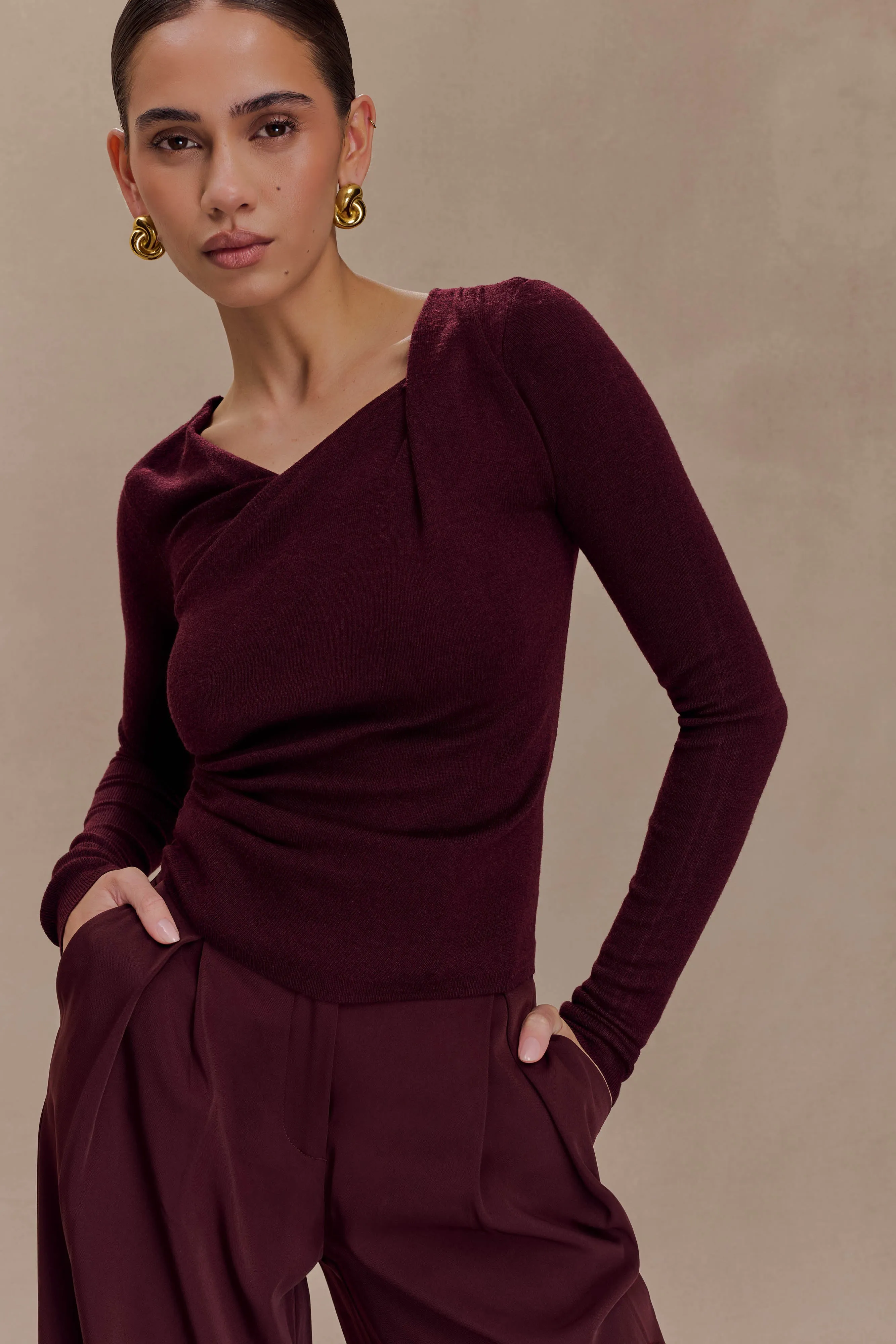 Culver Draped Twist Knit Top - Wine Zero Waste Cut Pattern DoubleStitchedHem