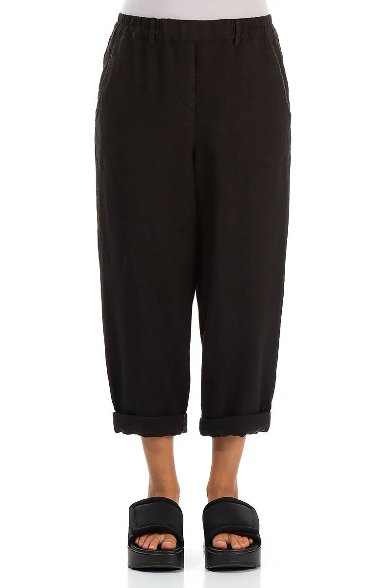 Trendy Cut Roll Up Black Linen Trousers