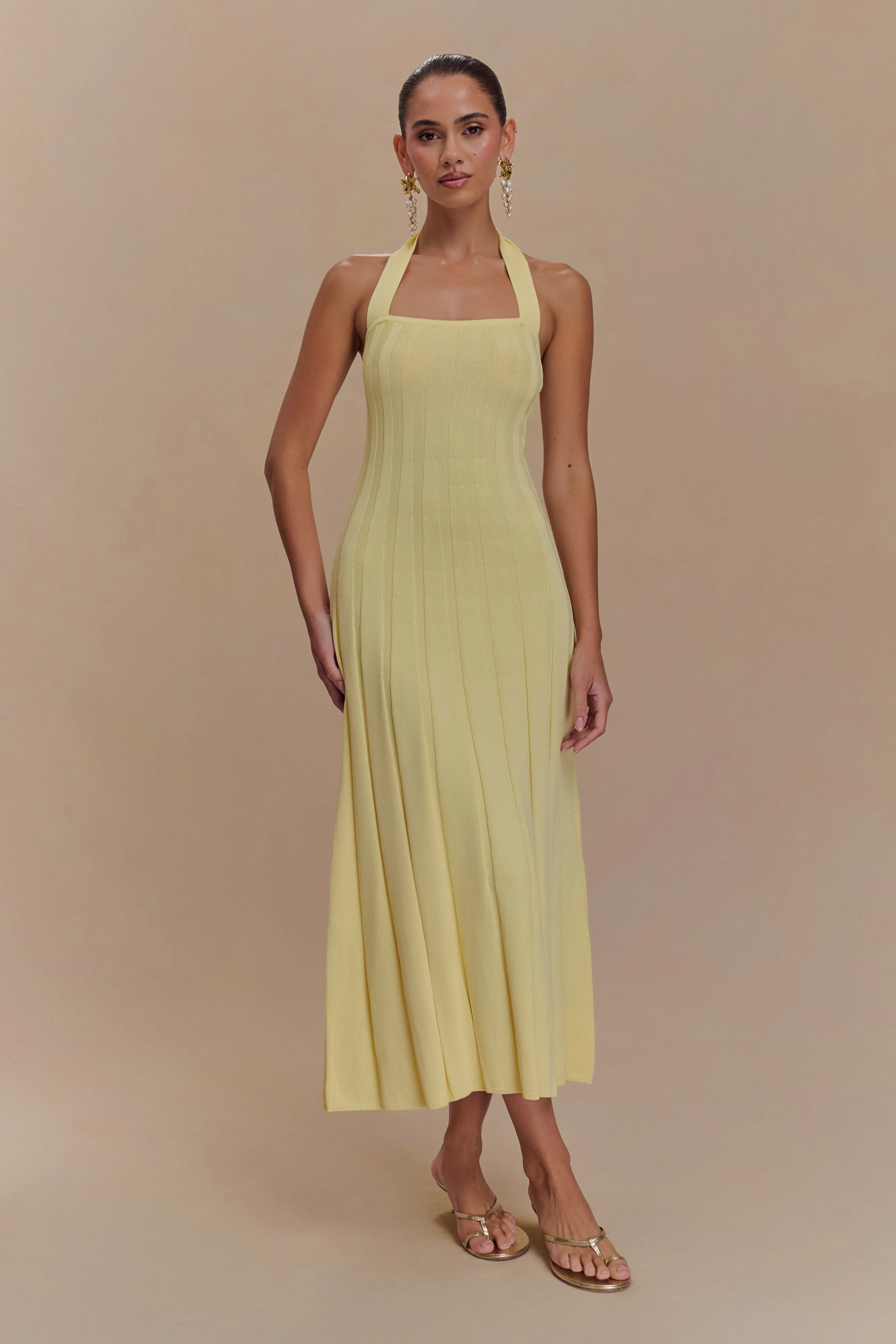 Jacqui Halter Knit Midi Dress - Lemon Comfy Design Asymmetrical hem