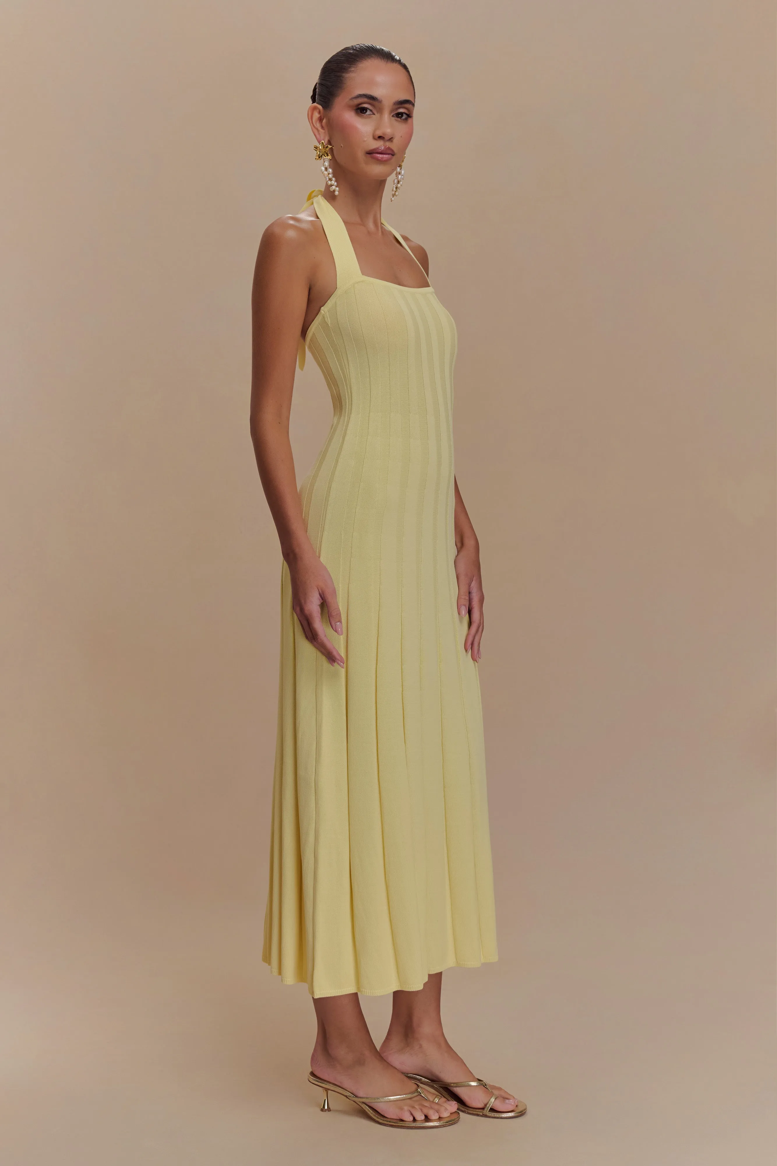 Breathable skin friendly Jacqui Halter Knit Midi Dress - Lemon