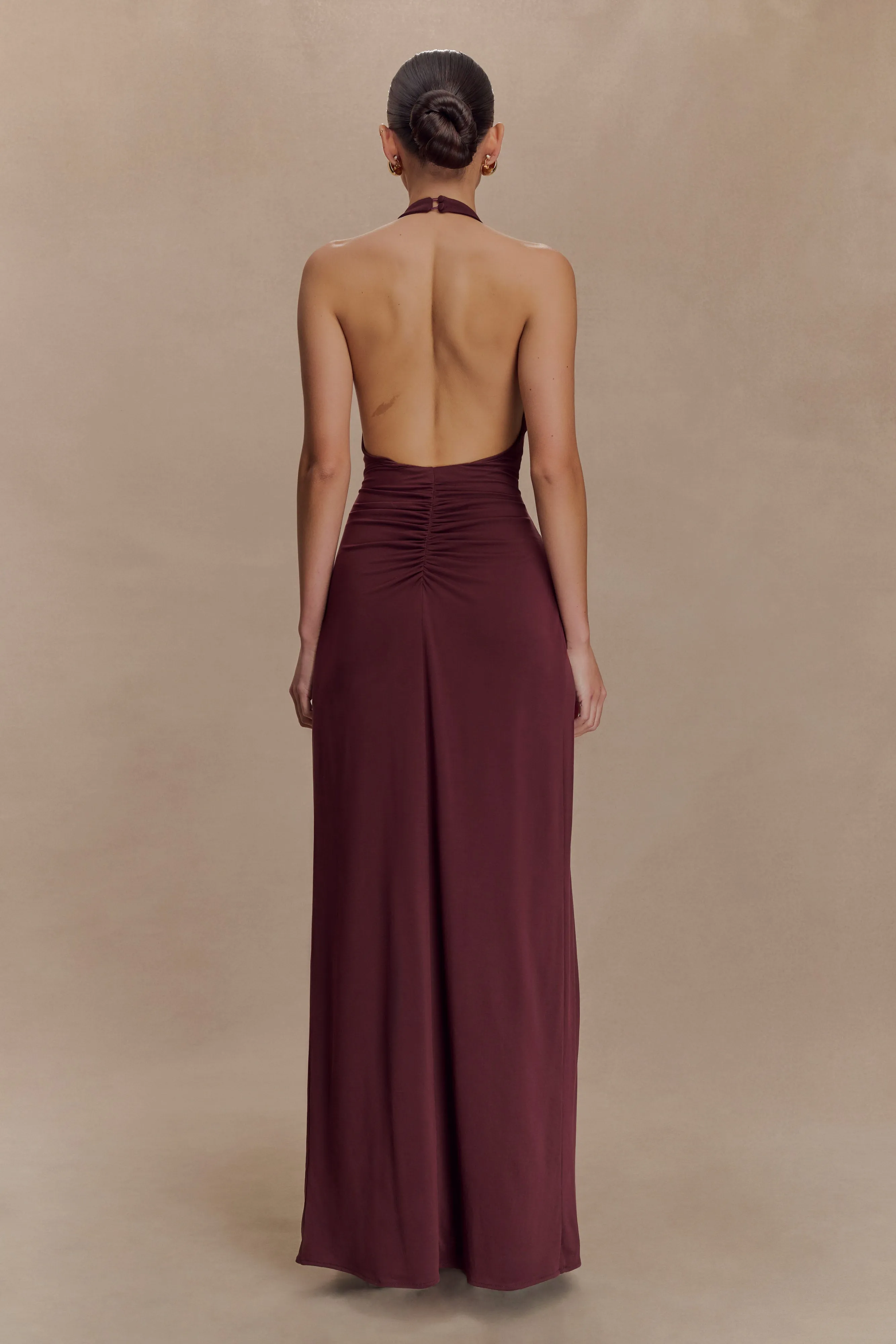 Yelena Ruched Halter Maxi Dress - Mahogany Easy Lovely