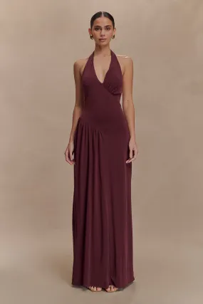 City Friendly All Time Fit Yelena Ruched Halter Maxi Dress - Mahogany