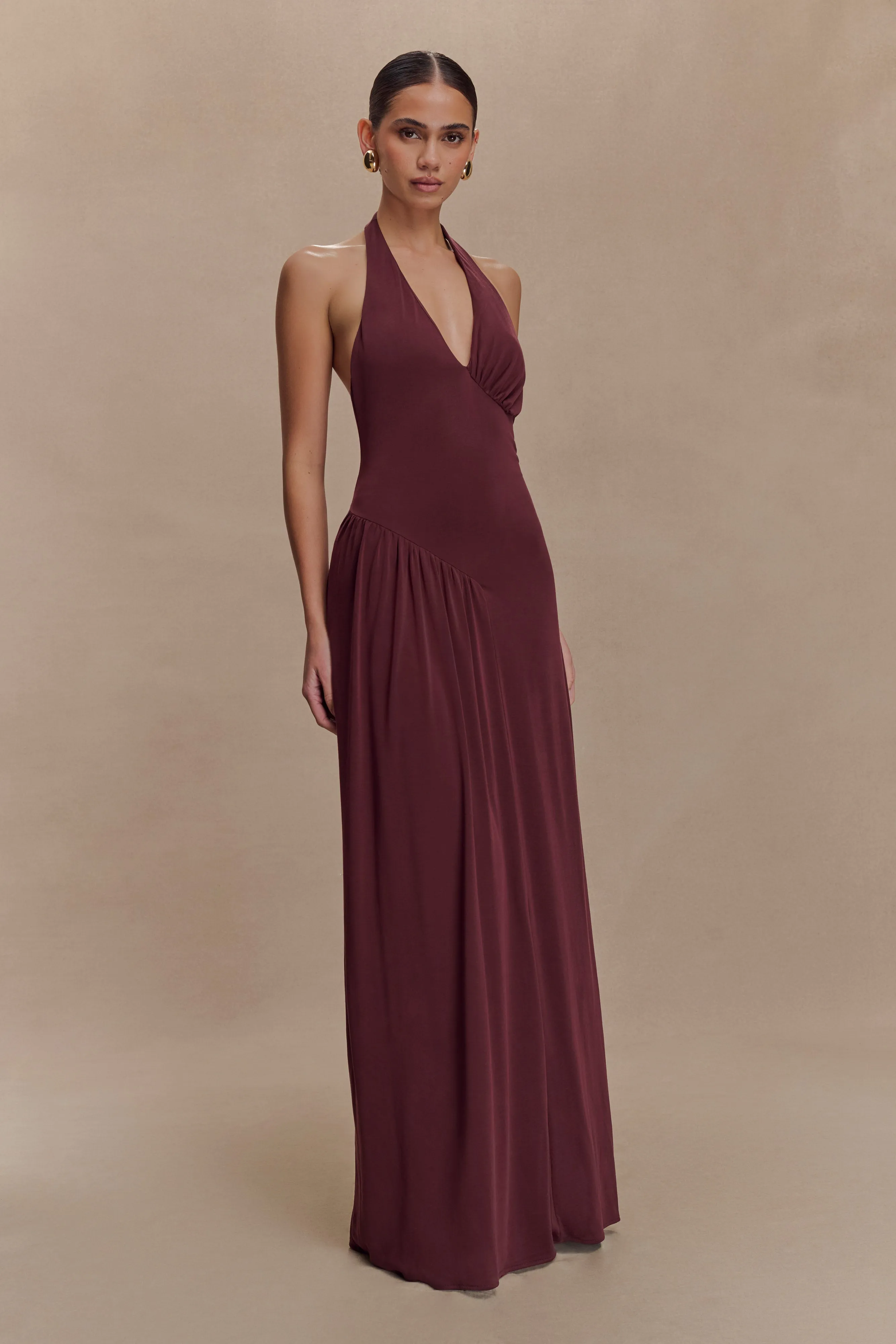 Unique Cut Eco-Lining Yelena Ruched Halter Maxi Dress - Mahogany