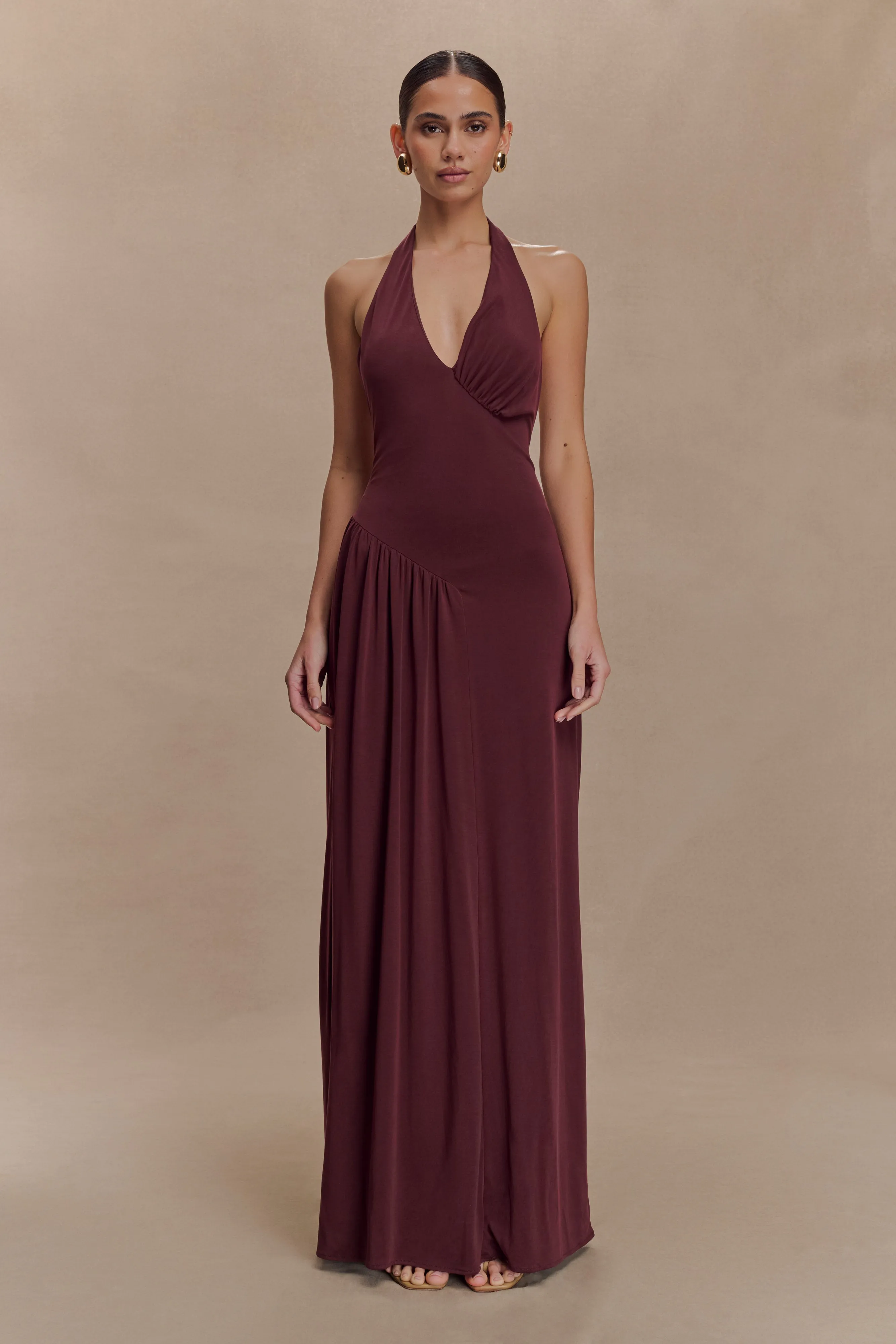 City Friendly All Time Fit Yelena Ruched Halter Maxi Dress - Mahogany