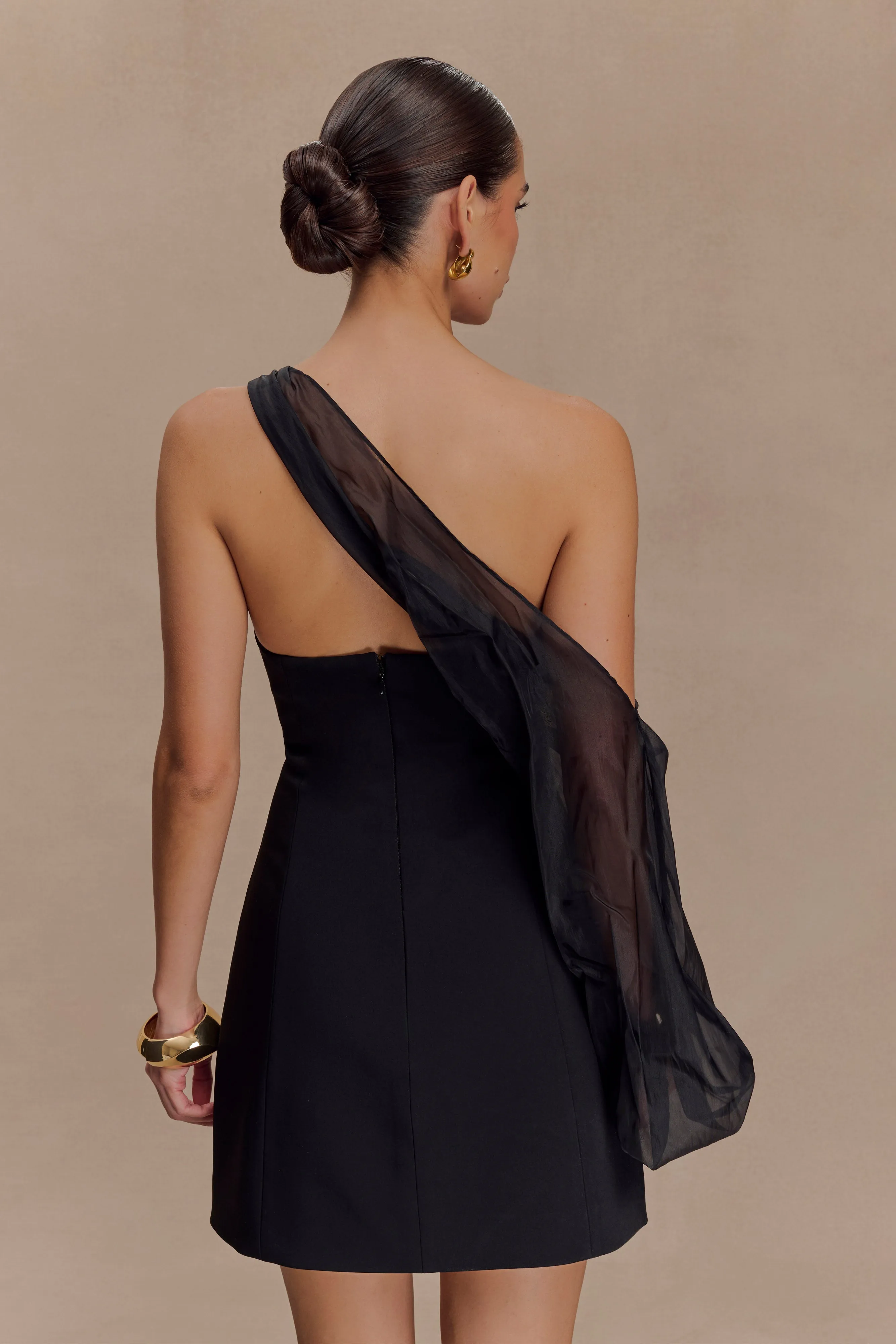 Effie Organza One Sleeve Mini Dress - Black Handmade