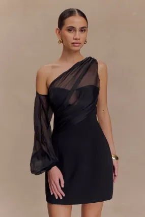 Chic Casual Wear Daytime Look Effie Organza One Sleeve Mini Dress - Black