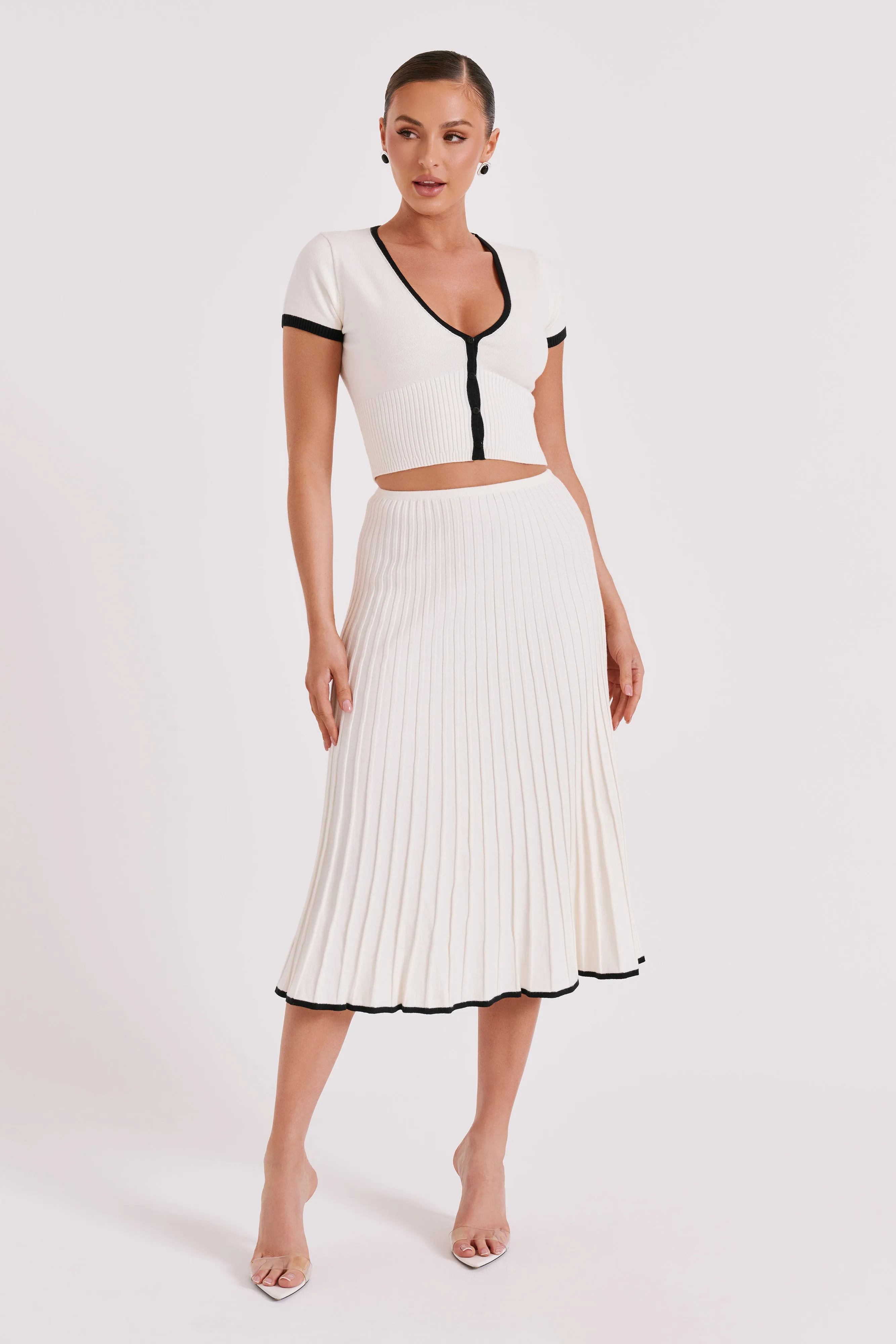 Jolene Contrast Rib Knit Midi Skirt - White Urban Style Perfect Length