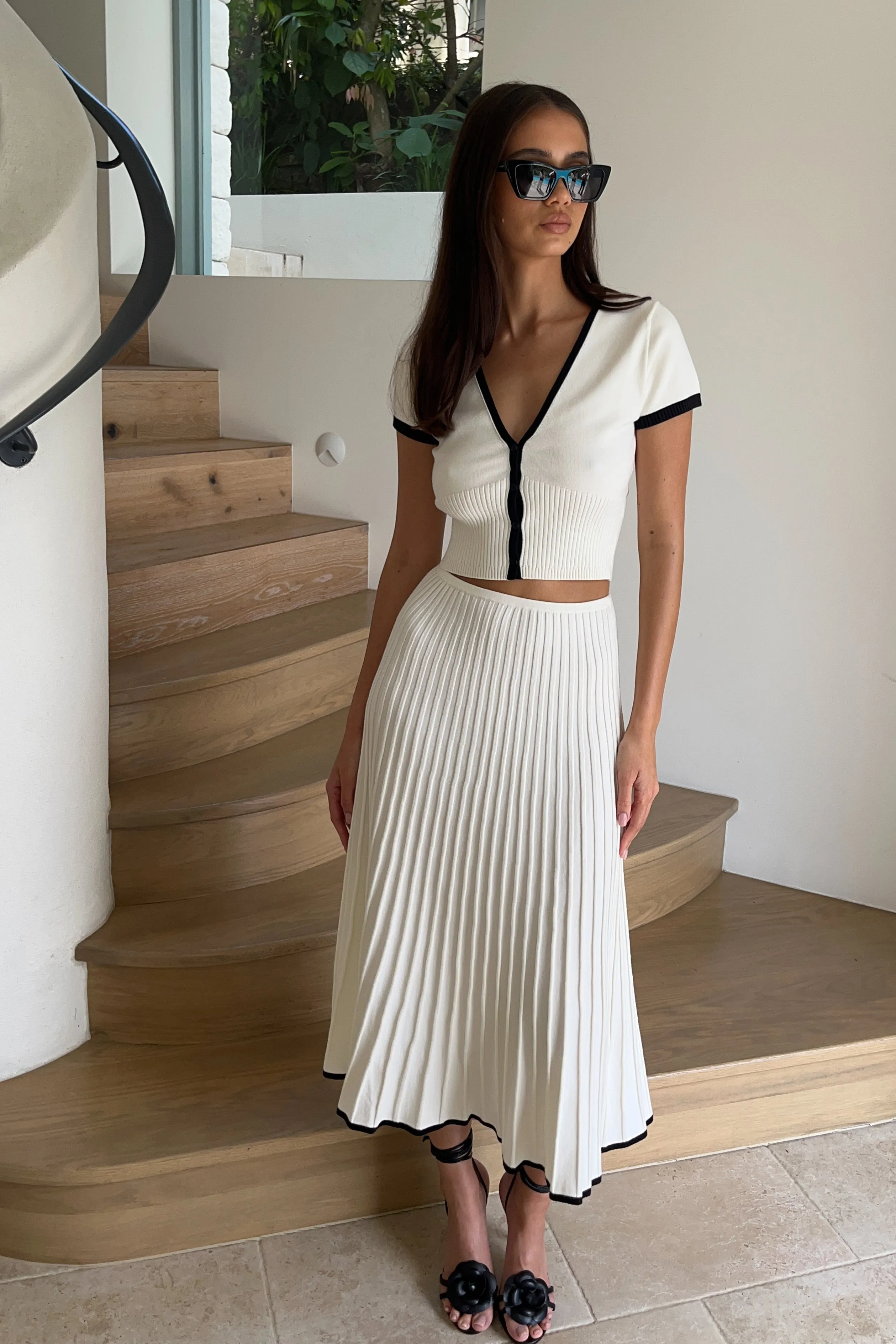 Chill Fit breathable panels Jolene Contrast Rib Knit Midi Skirt - White