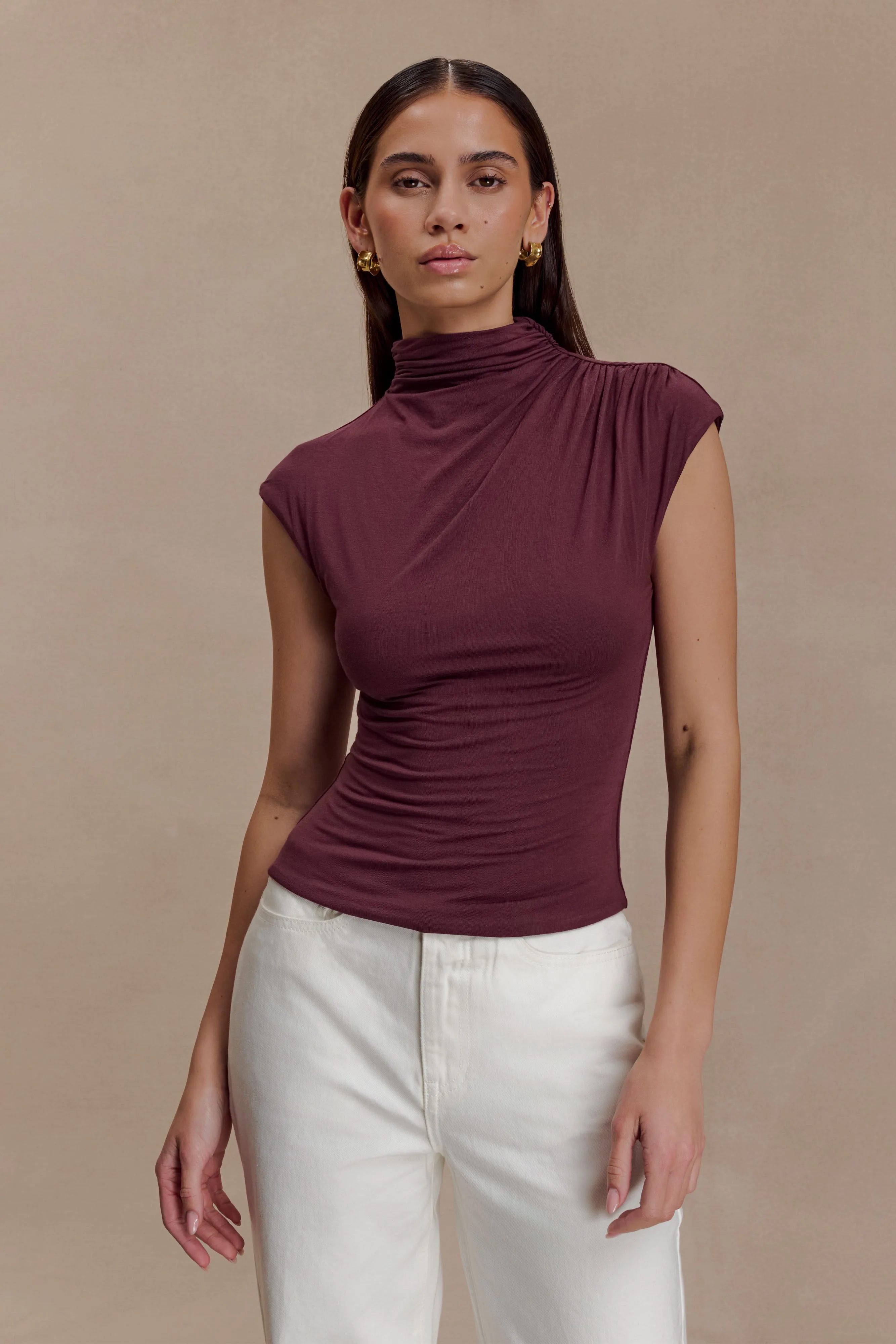Freesia High Neck Sleeveless Top - Mahogany TaglessLabel
