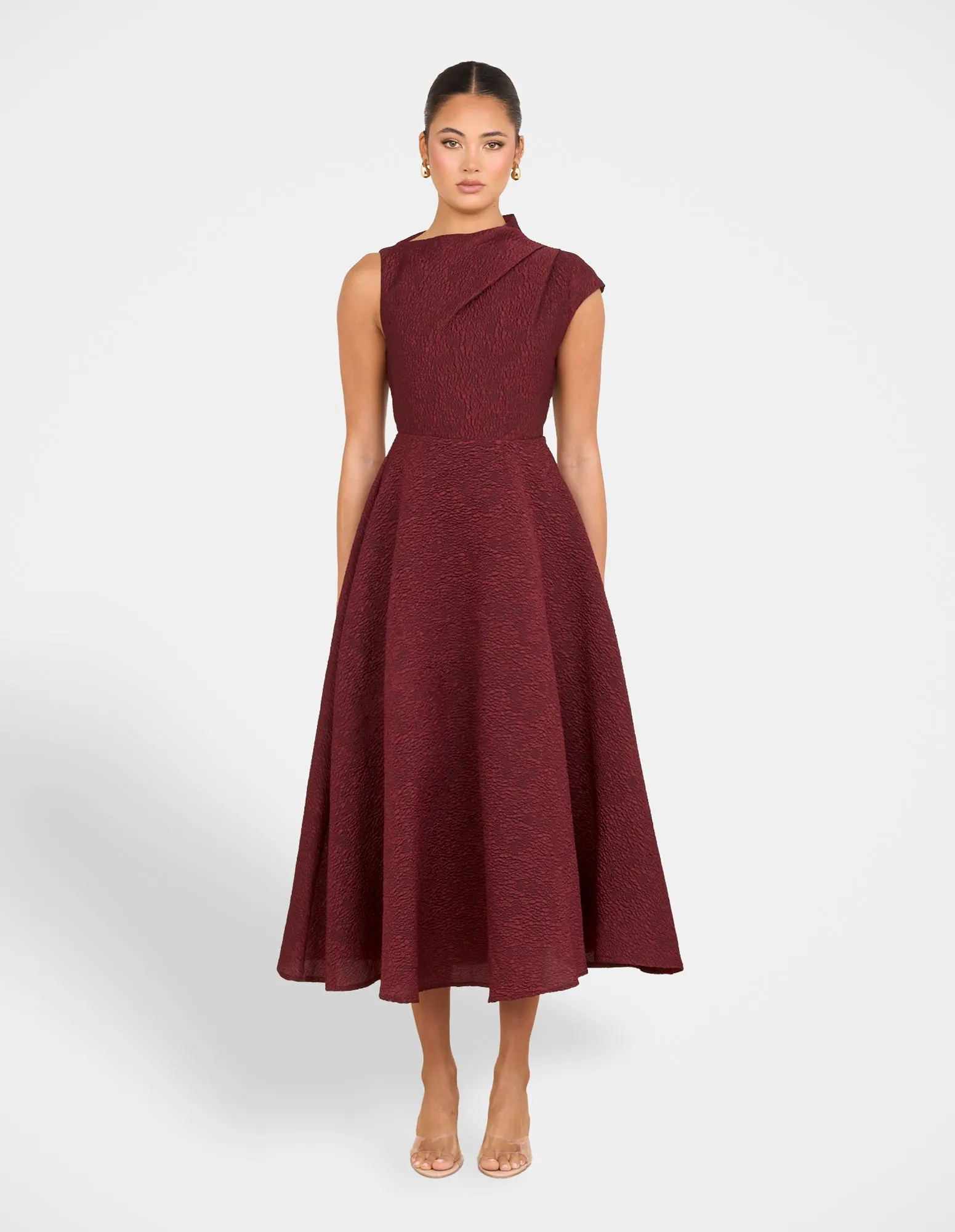 Frayed-Edge Monarch High Neck Midi Dress
