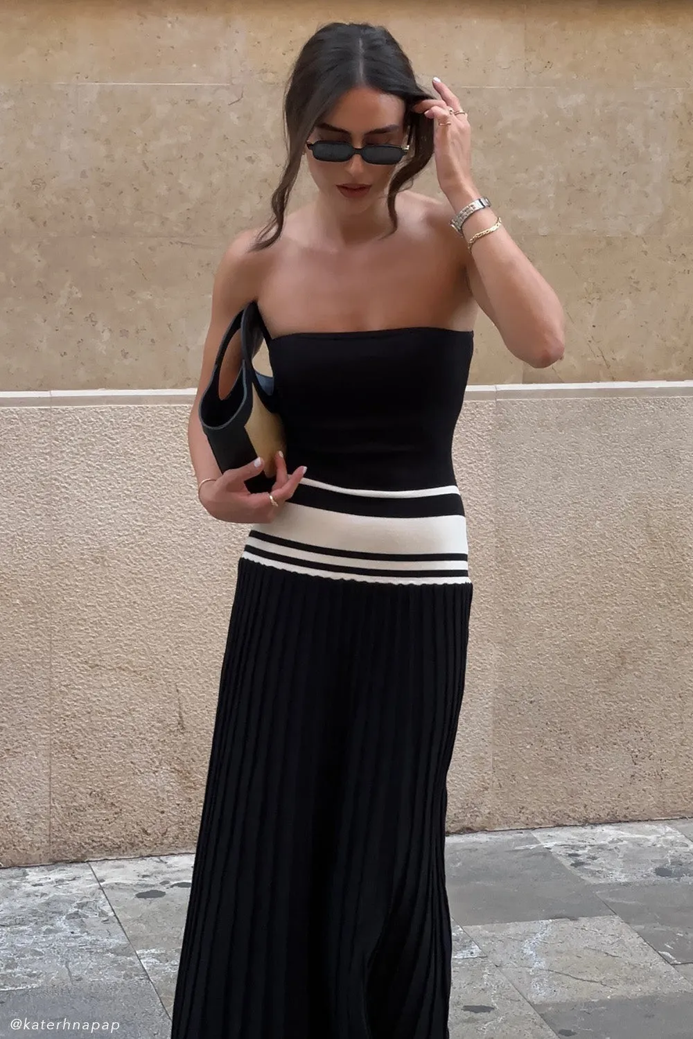 Ruched-Detail High Cut Solaris Strapless Contrast Knit Maxi Dress - Black/White