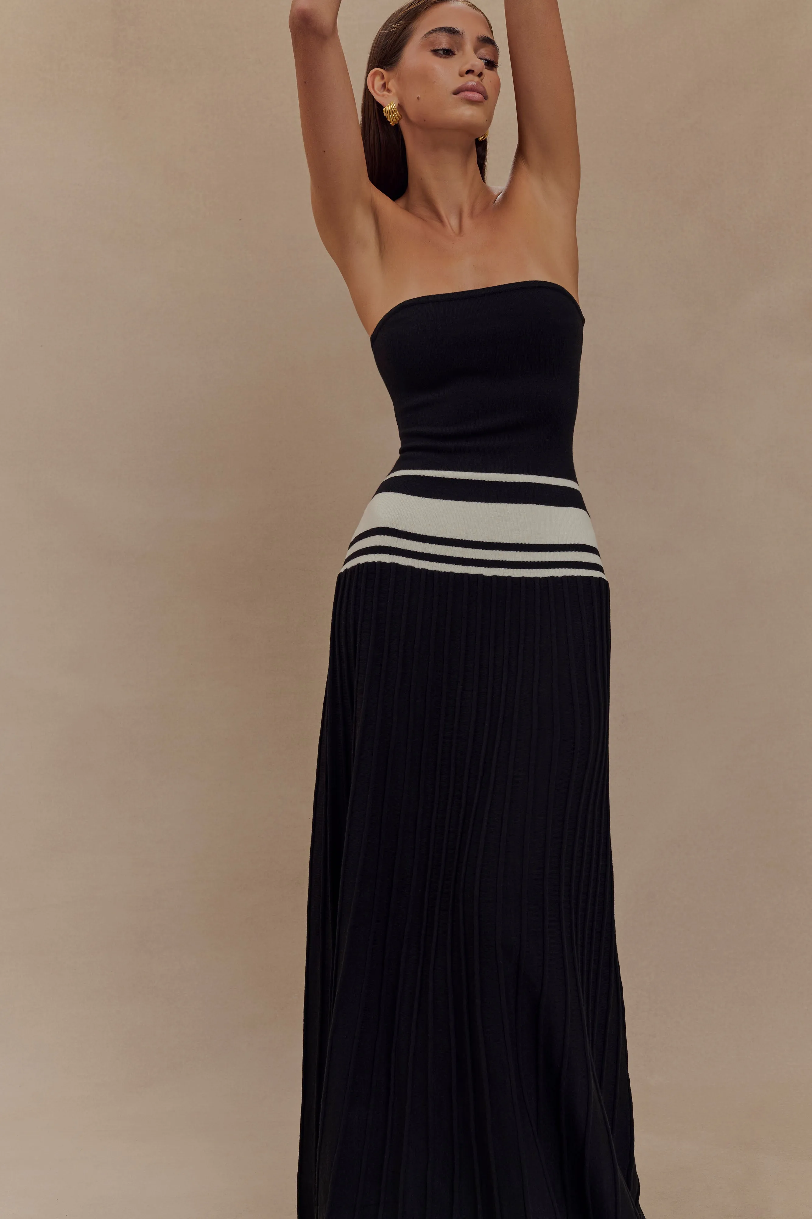 Solaris Strapless Contrast Knit Maxi Dress - Black/White Wool-Blend Evening Ready