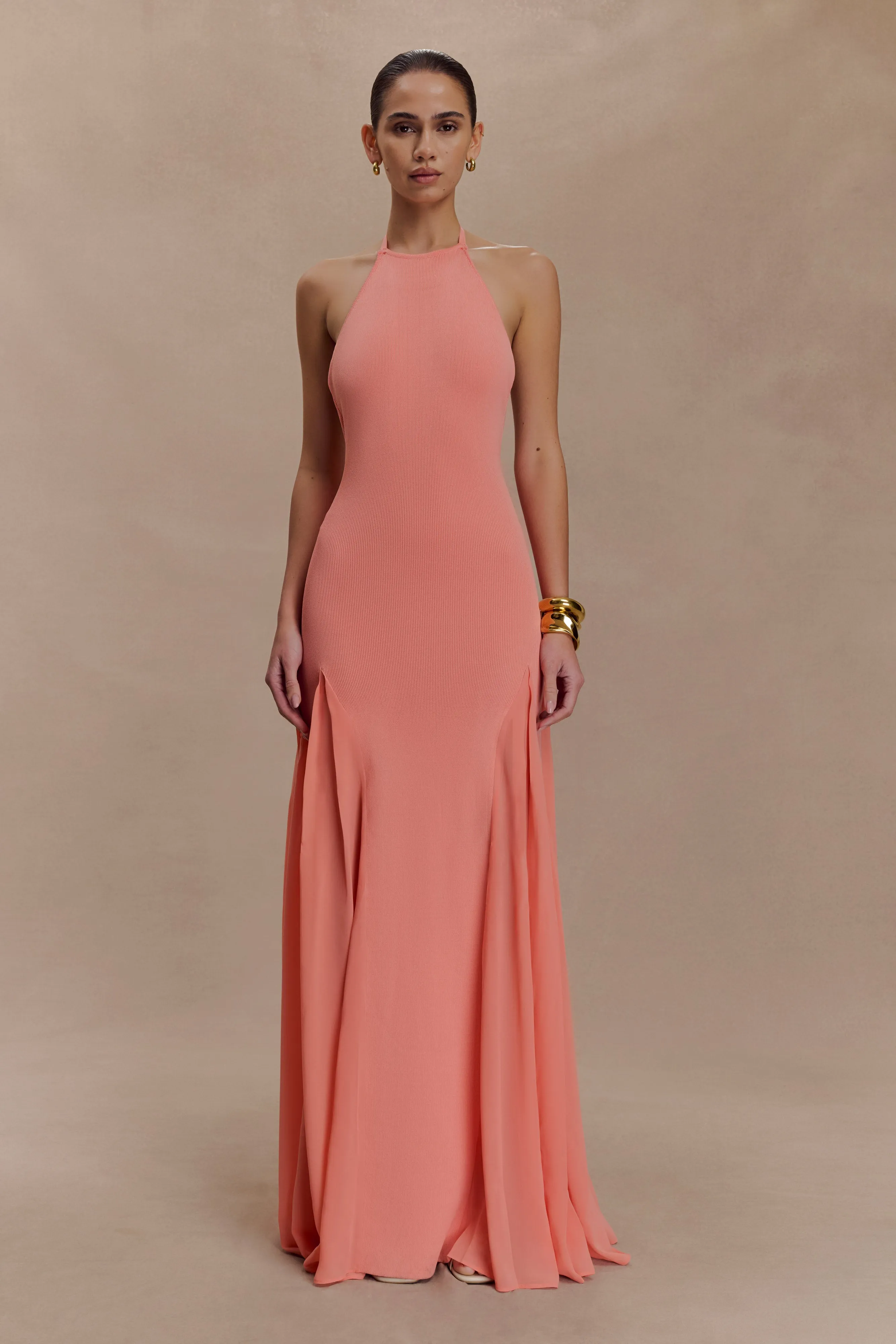 Soleil Knit And Mesh Halter Maxi Dress - Coral Sharp Finish