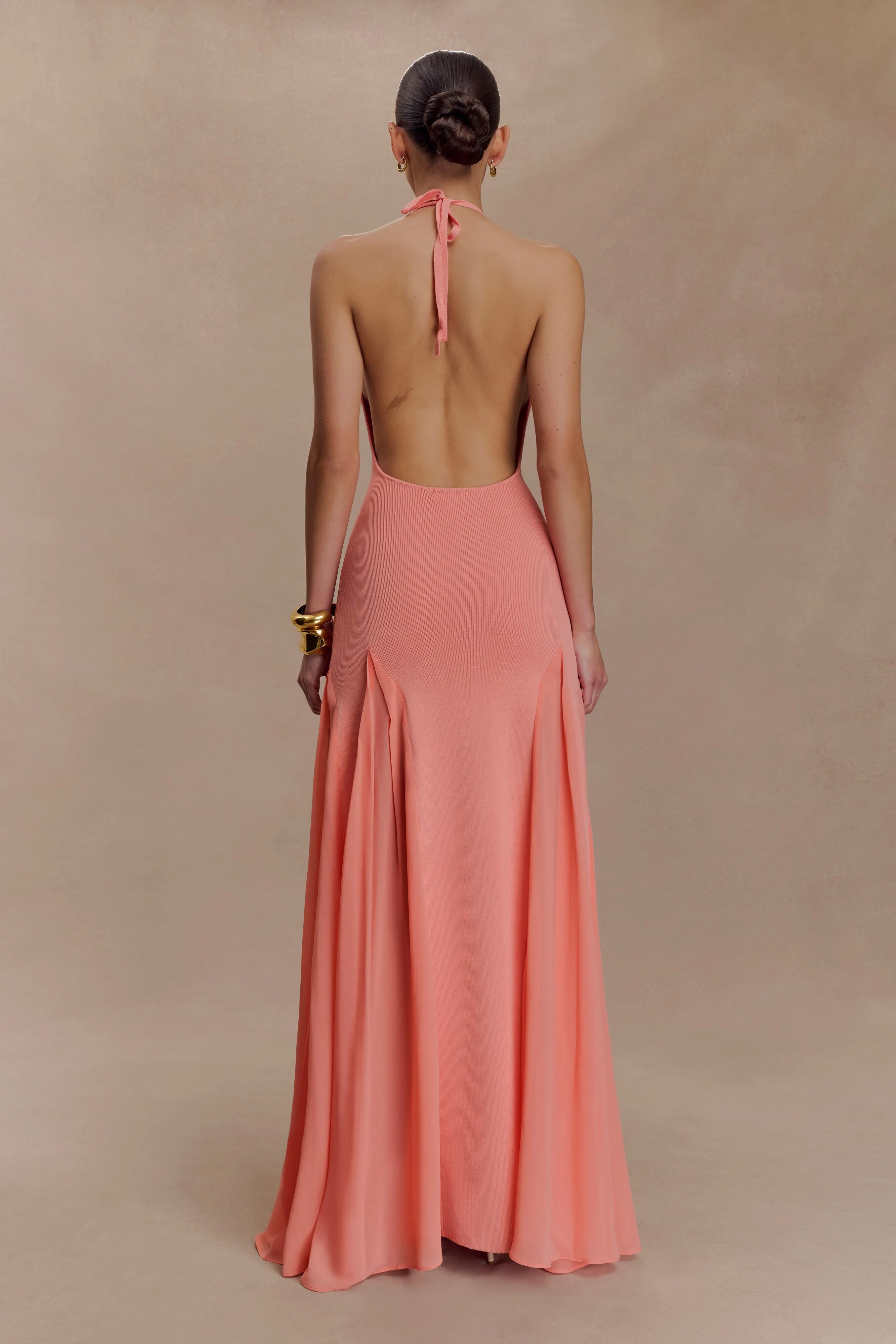 Soleil Knit And Mesh Halter Maxi Dress - Coral Vibrant patterned dress Casual and Comfy