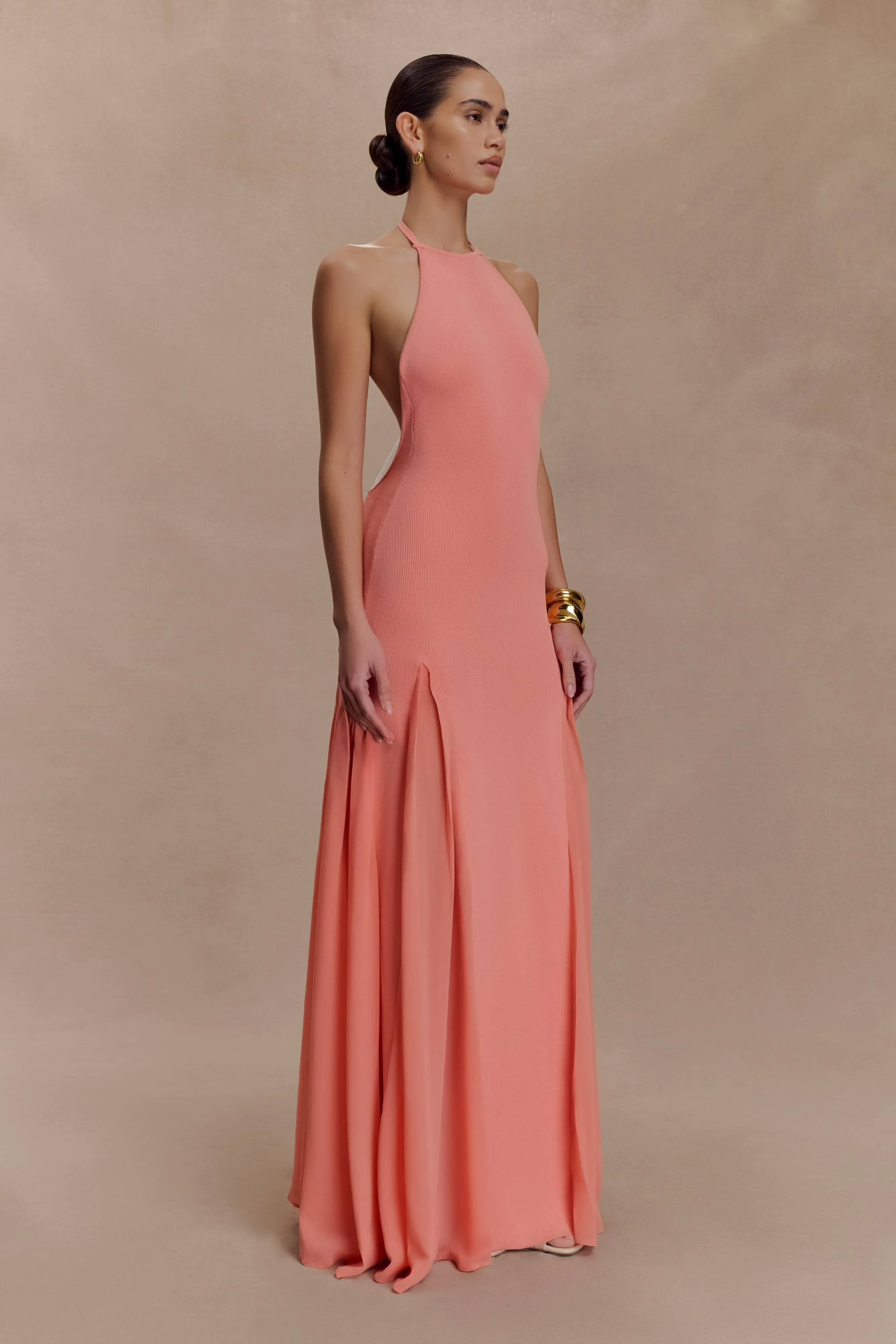 Soleil Knit And Mesh Halter Maxi Dress - Coral Easy Movement Long Lines