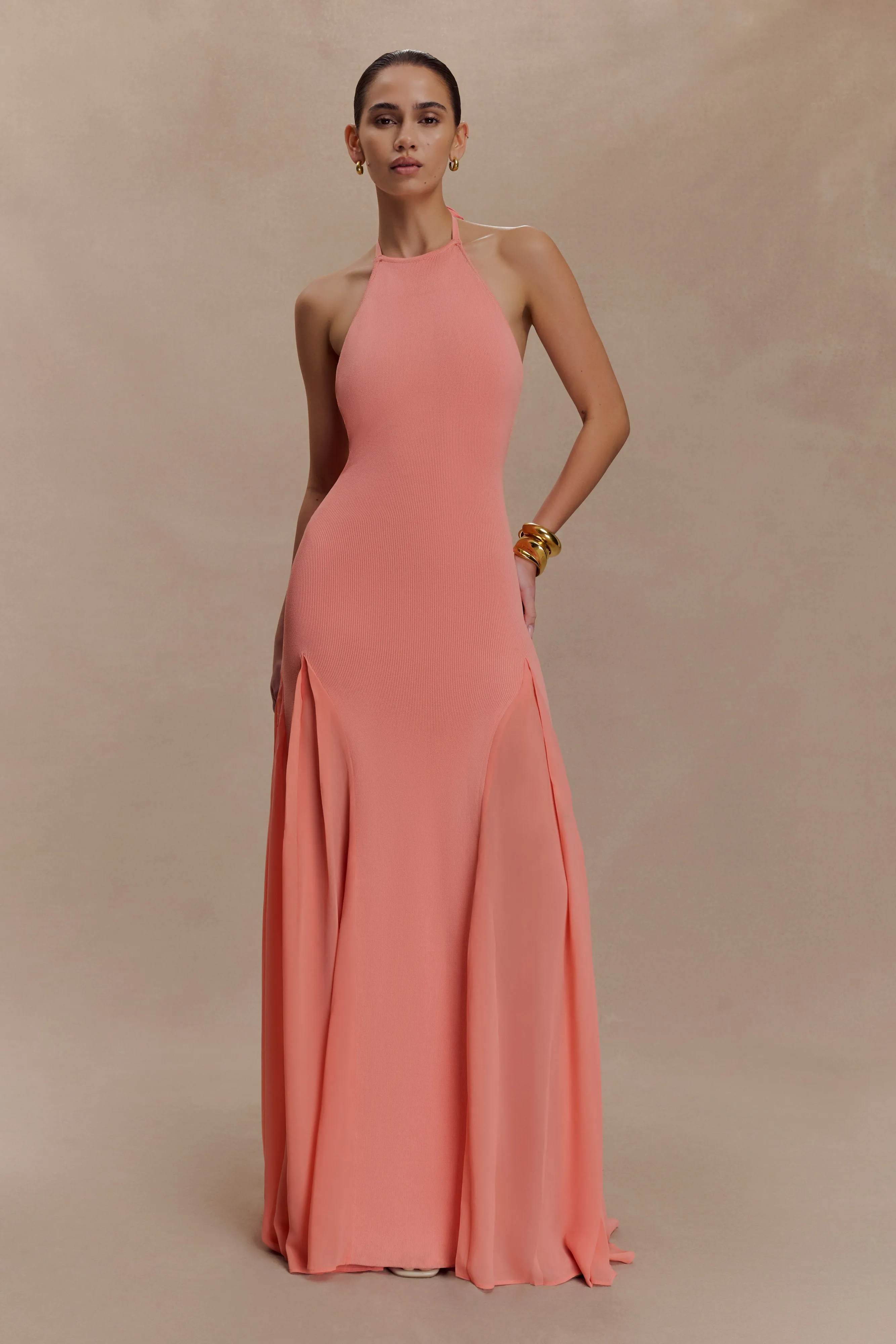 Casual Fit Bust-Enhancing Soleil Knit And Mesh Halter Maxi Dress - Coral