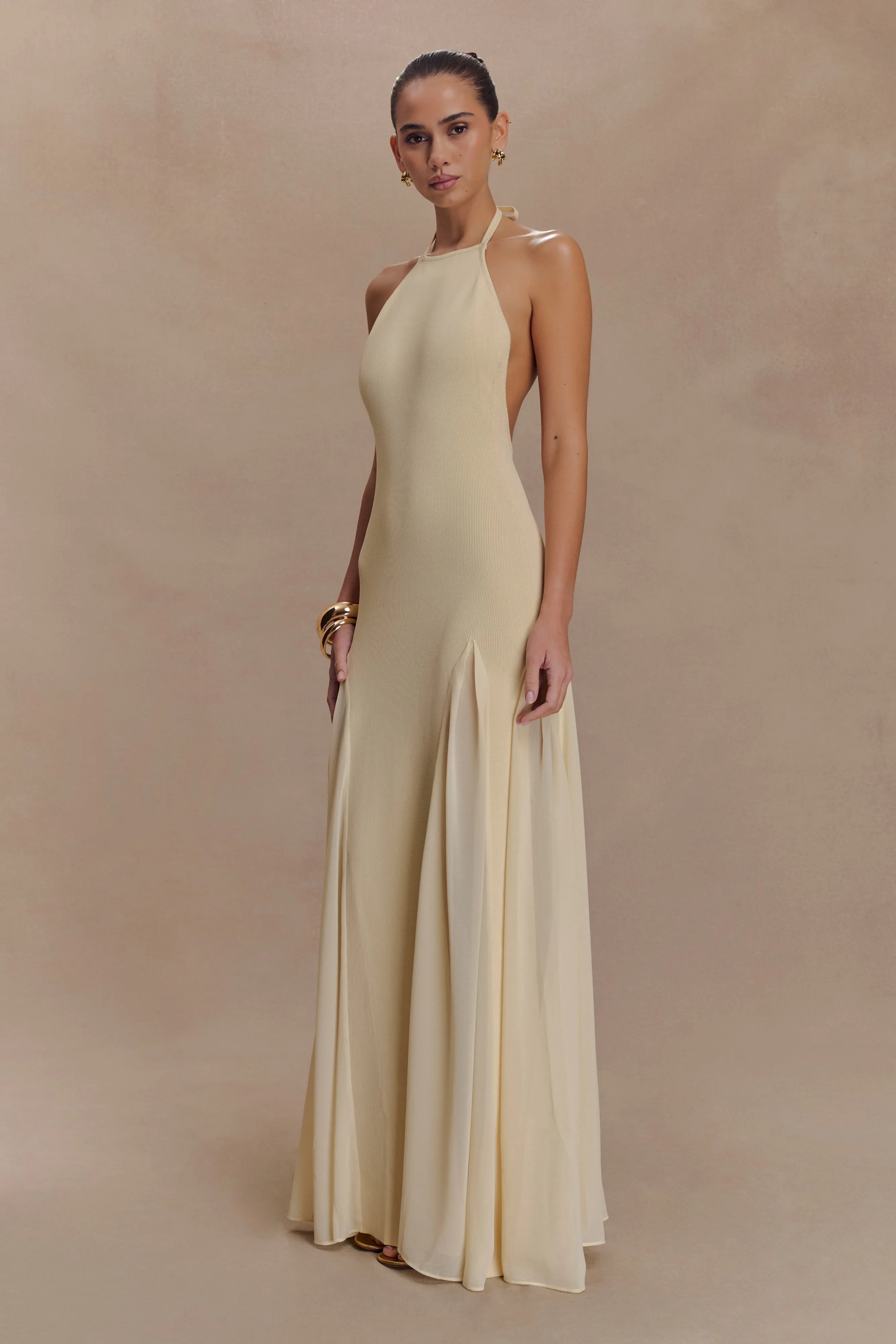 Soleil Knit And Mesh Halter Maxi Dress - Cream Snap-Closure