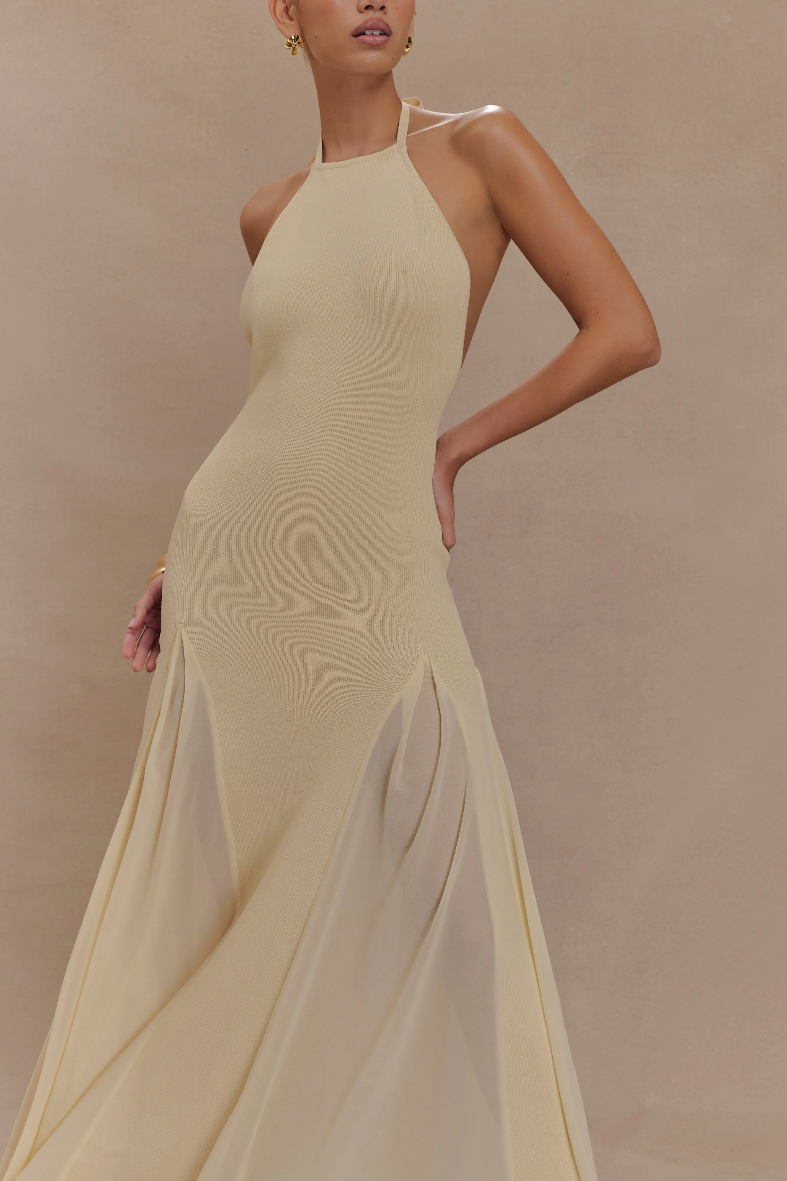 Soleil Knit And Mesh Halter Maxi Dress - Cream Lightweight Fabric Cozy Comfort