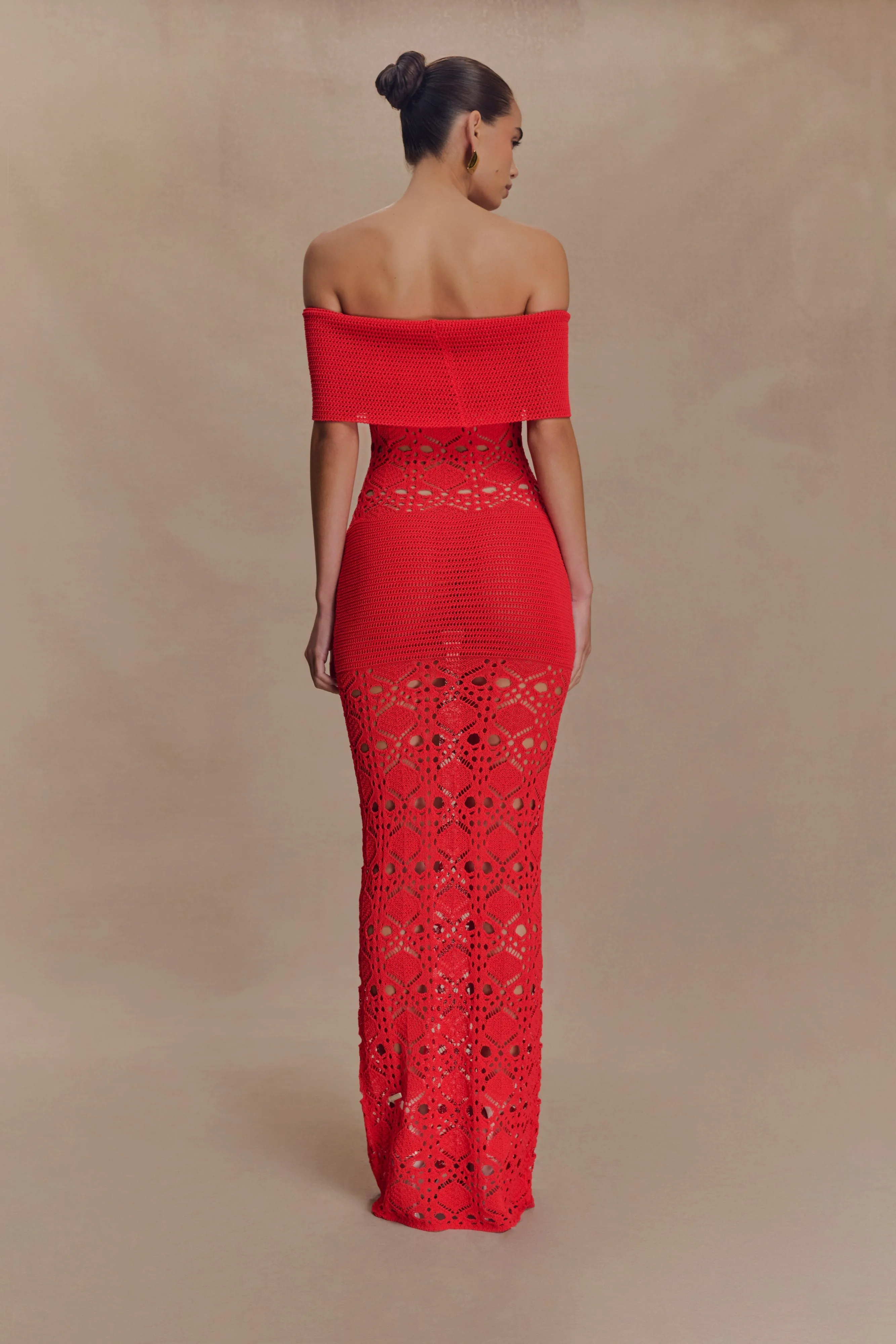 Chic Layers Solstice Off Shoulder Crochet Knit Maxi Dress - Blood Orange