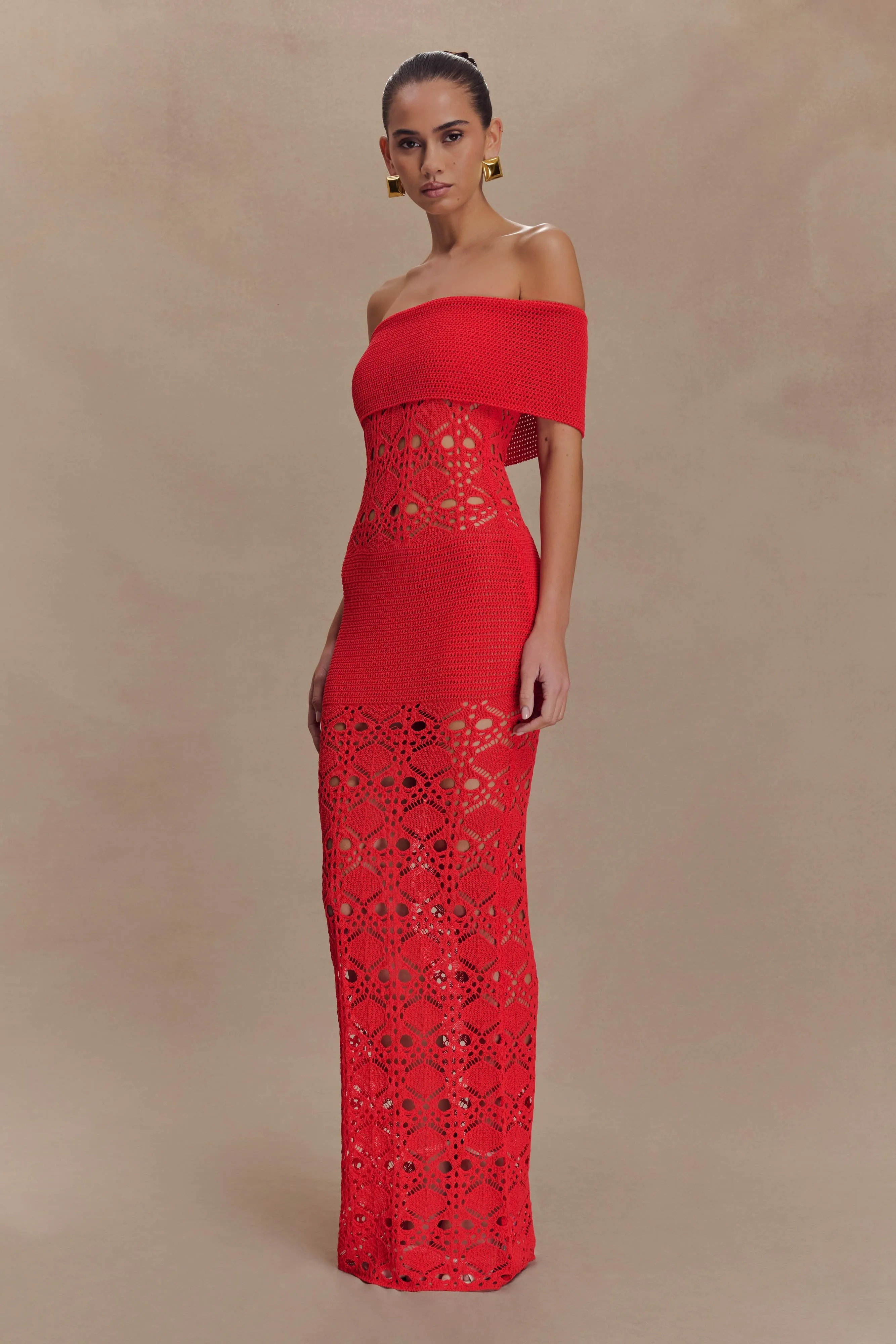 Bright Vibe Solstice Off Shoulder Crochet Knit Maxi Dress - Blood Orange