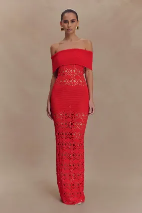 Floral Swing Bare Glow Solstice Off Shoulder Crochet Knit Maxi Dress - Blood Orange