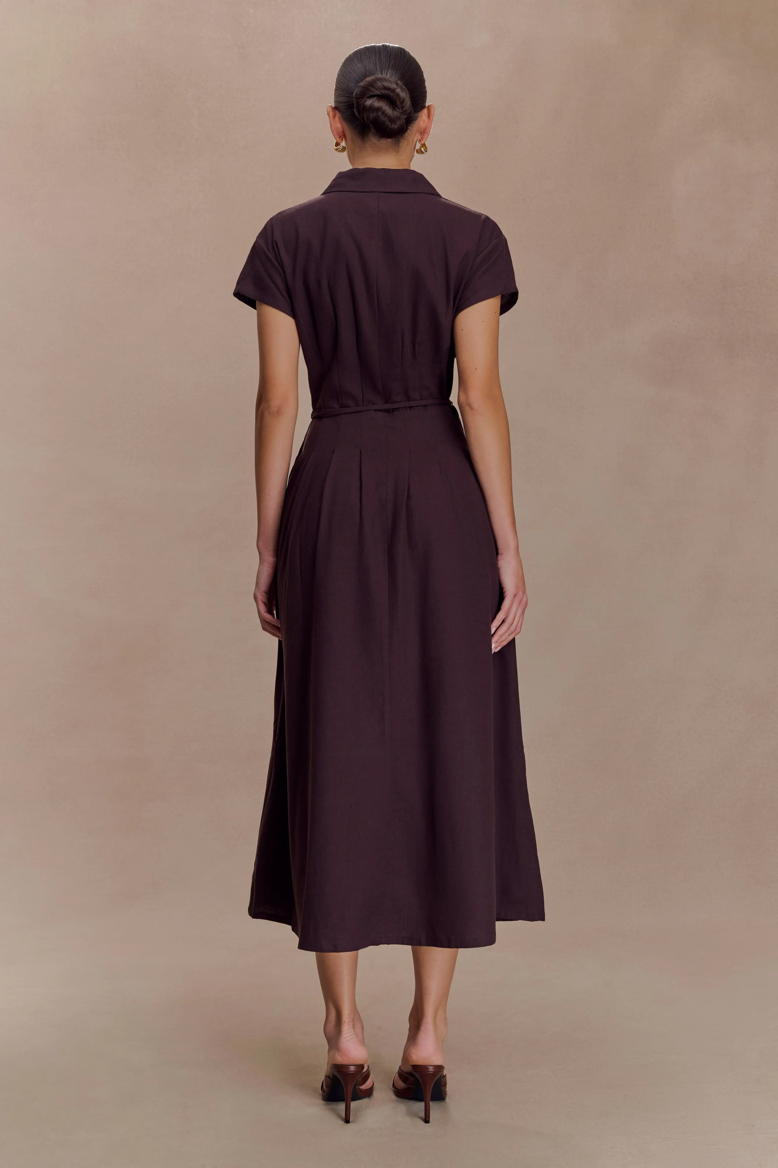 Feminine Style Chic Motion Aysha Buttoned Linen Midi Dress - Chocolate