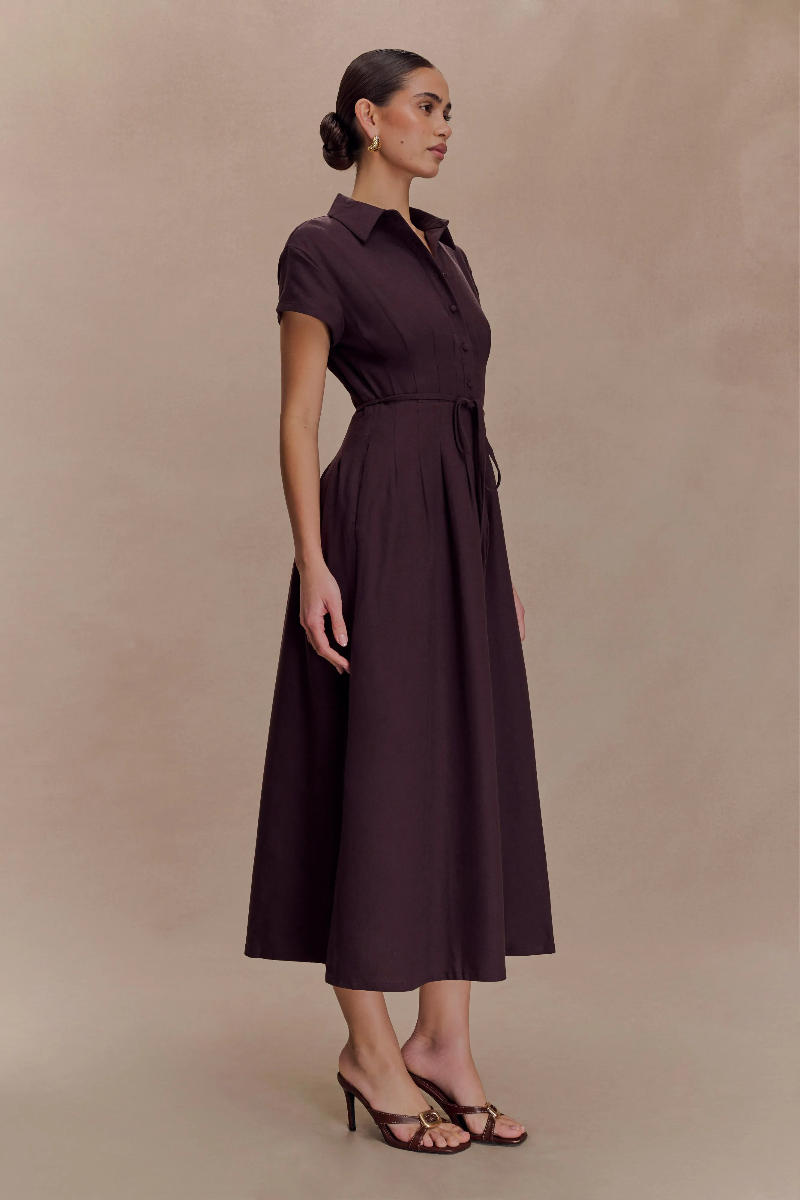 Formal-look Aysha Buttoned Linen Midi Dress - Chocolate