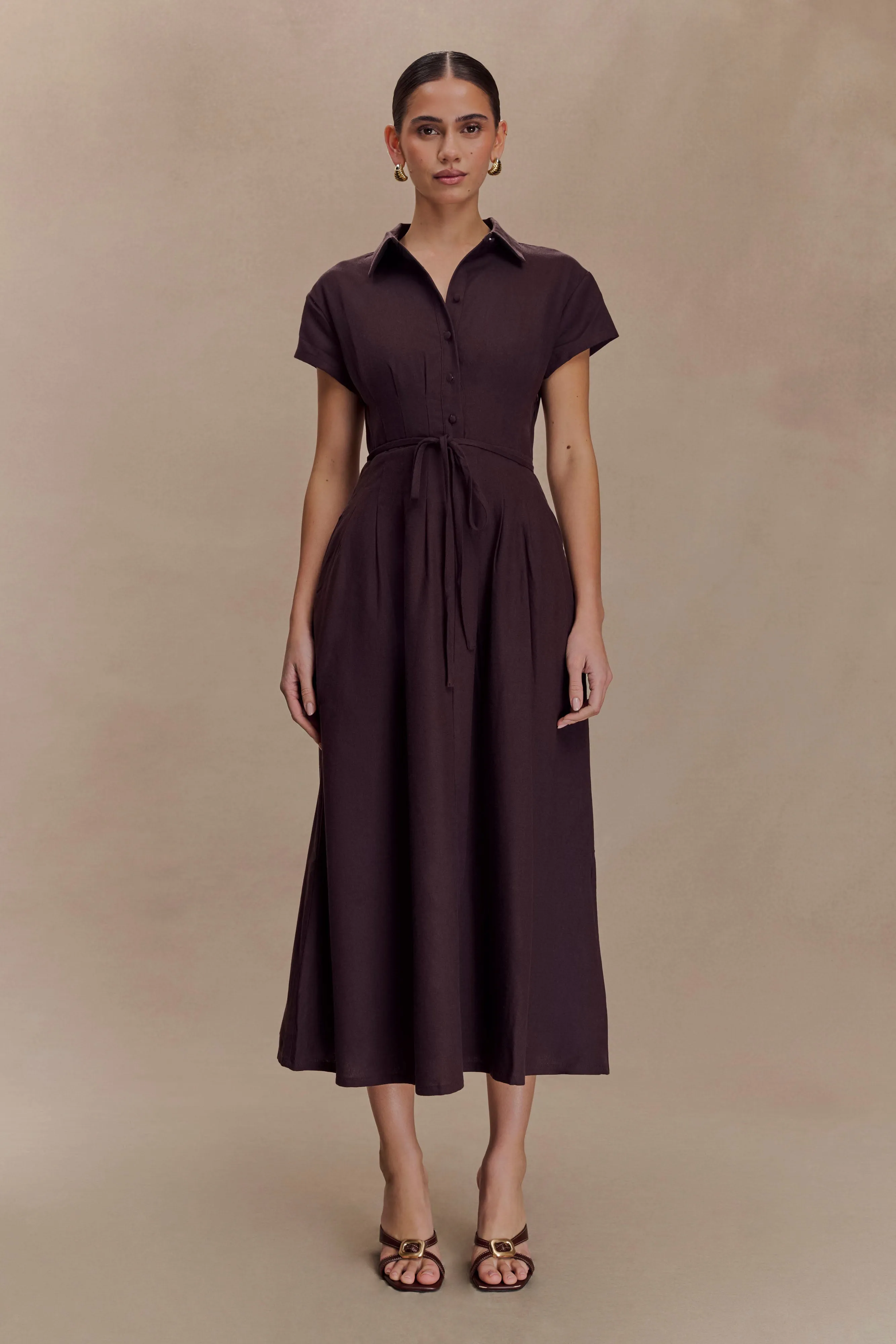 Aysha Buttoned Linen Midi Dress - Chocolate Urban Ready
