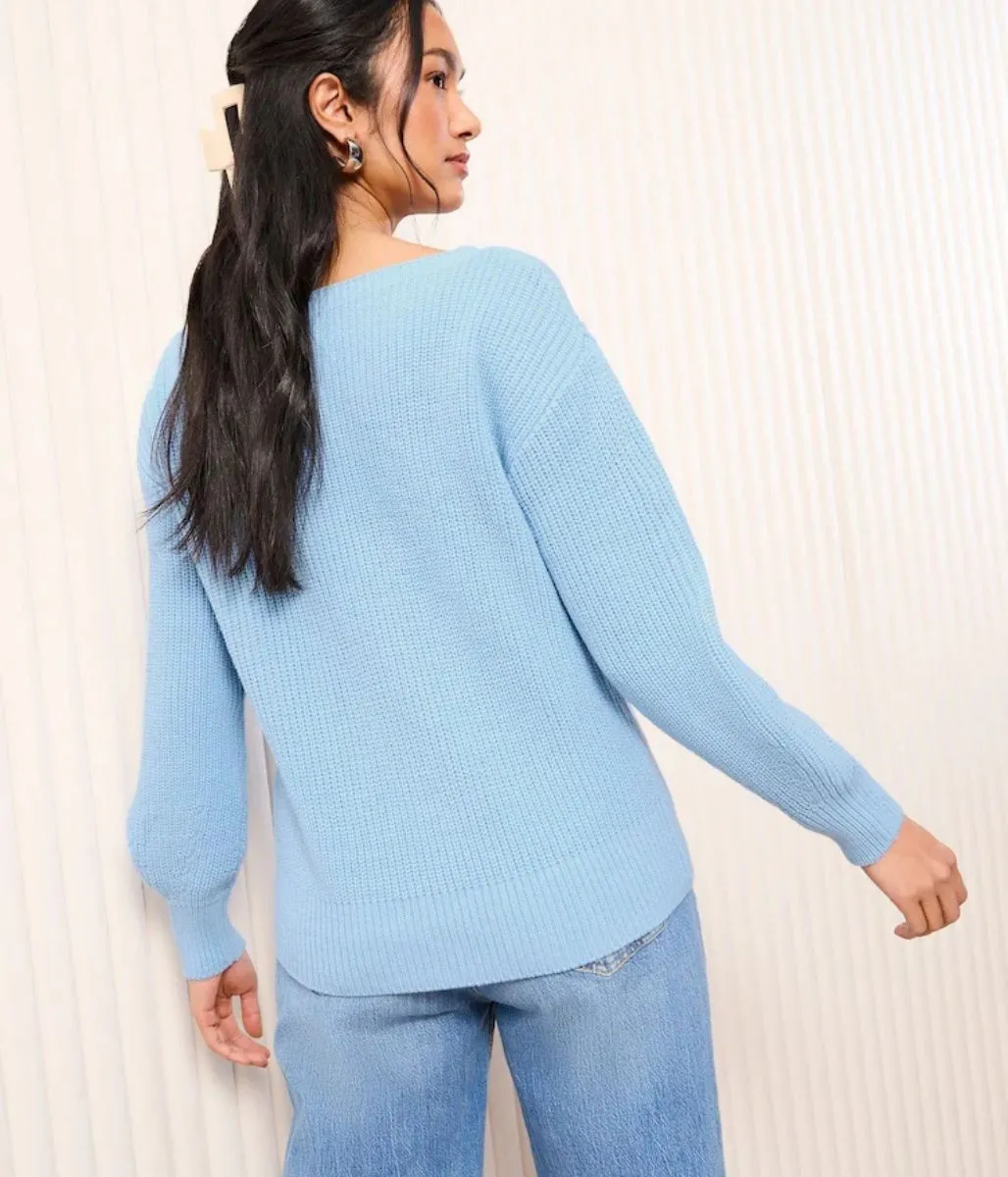 Lightweight Thermal Garment Dyed Finish Light Blue Boat Neck Knitted Jumper