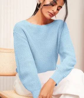 Cold Weather Must-Have Light Blue Boat Neck Knitted Jumper