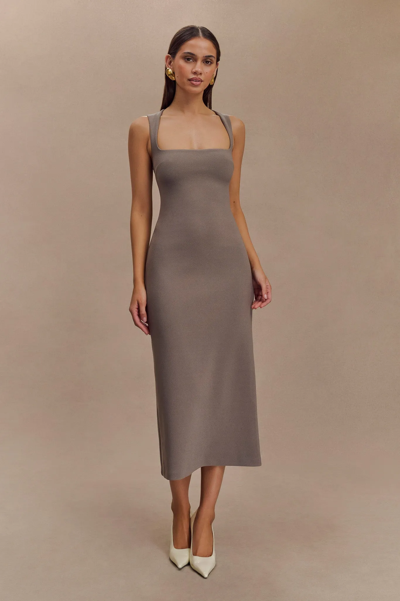 Neutral Layer Garden-Party Frida Crepe Midi Dress - Smoke
