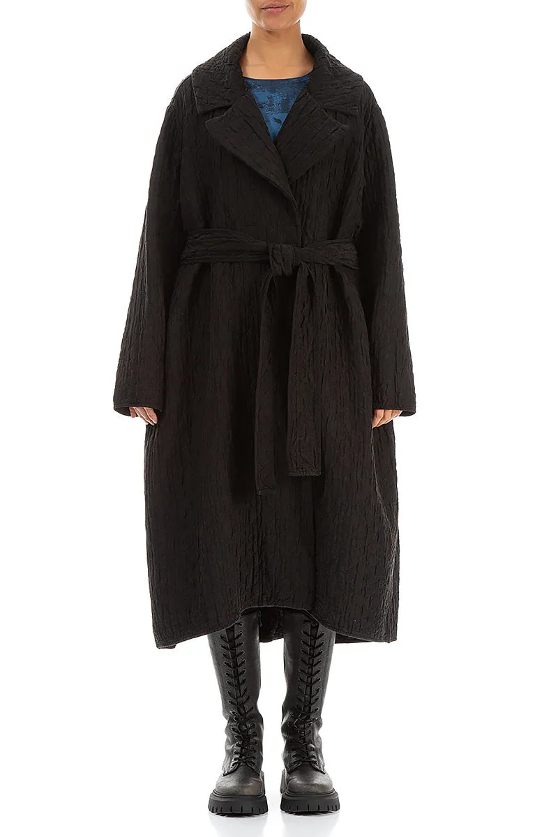 Wide Collar Black Quilted Silk Coat Adjustable Hood