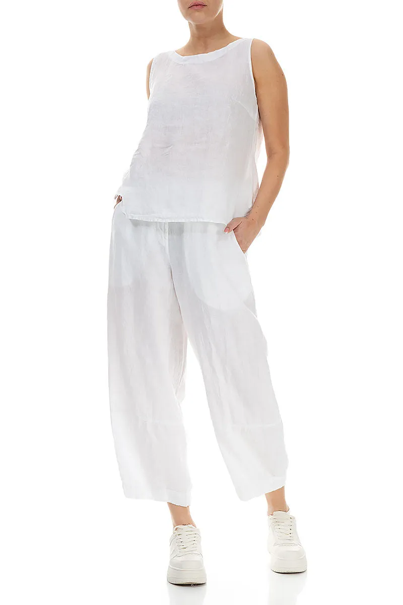Wide Cropped White Linen Trousers Eco Friendly Material Reinforced Stress Points