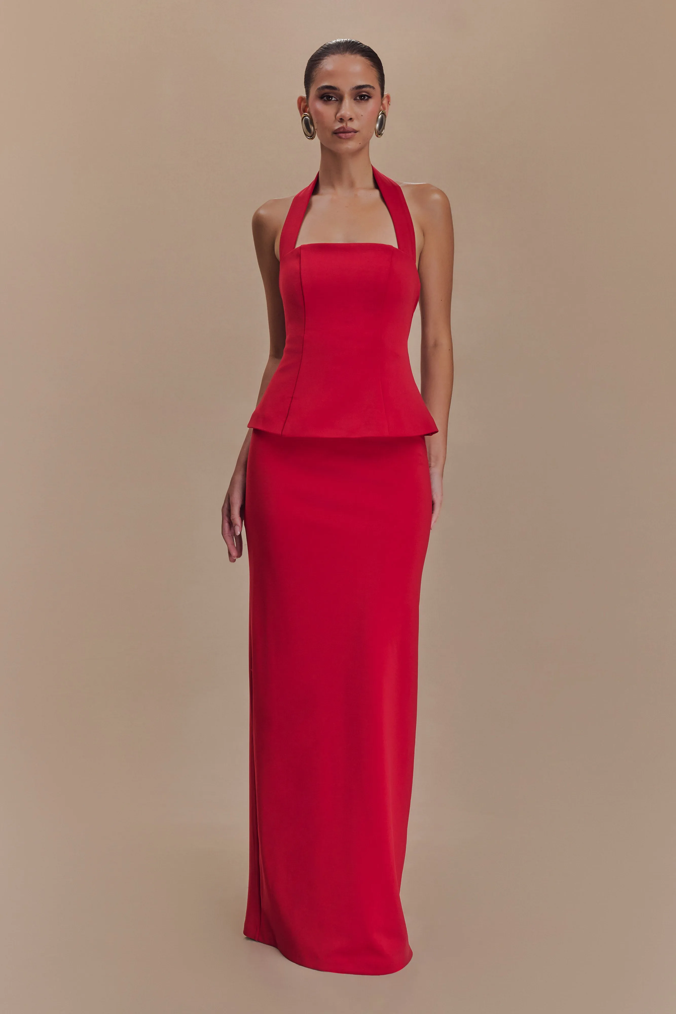 Perfect Wearable Luxe Look Bertie Peplum Halter Maxi Dress - Ruby