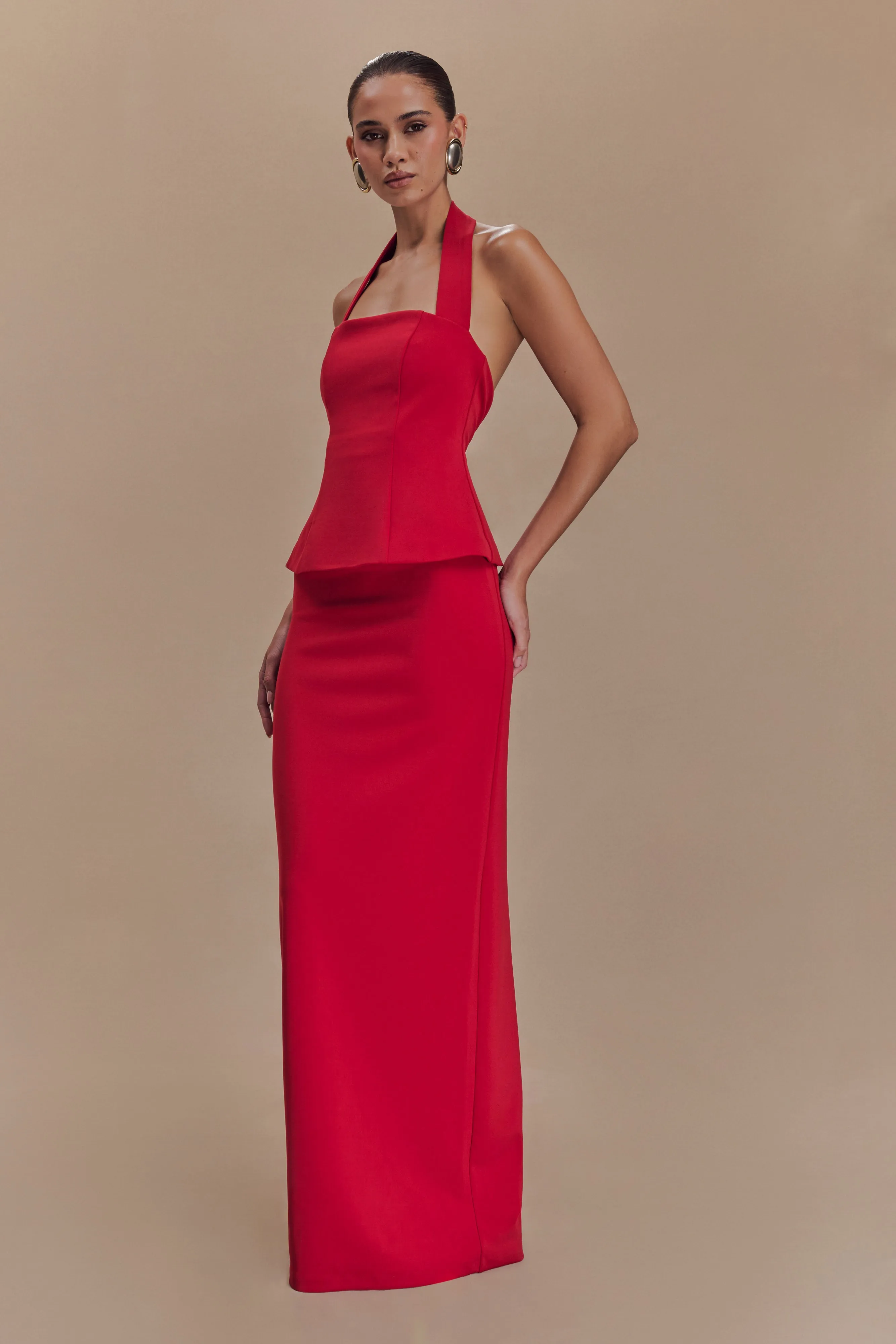 Bertie Peplum Halter Maxi Dress - Ruby Festive Mood Classic Motion