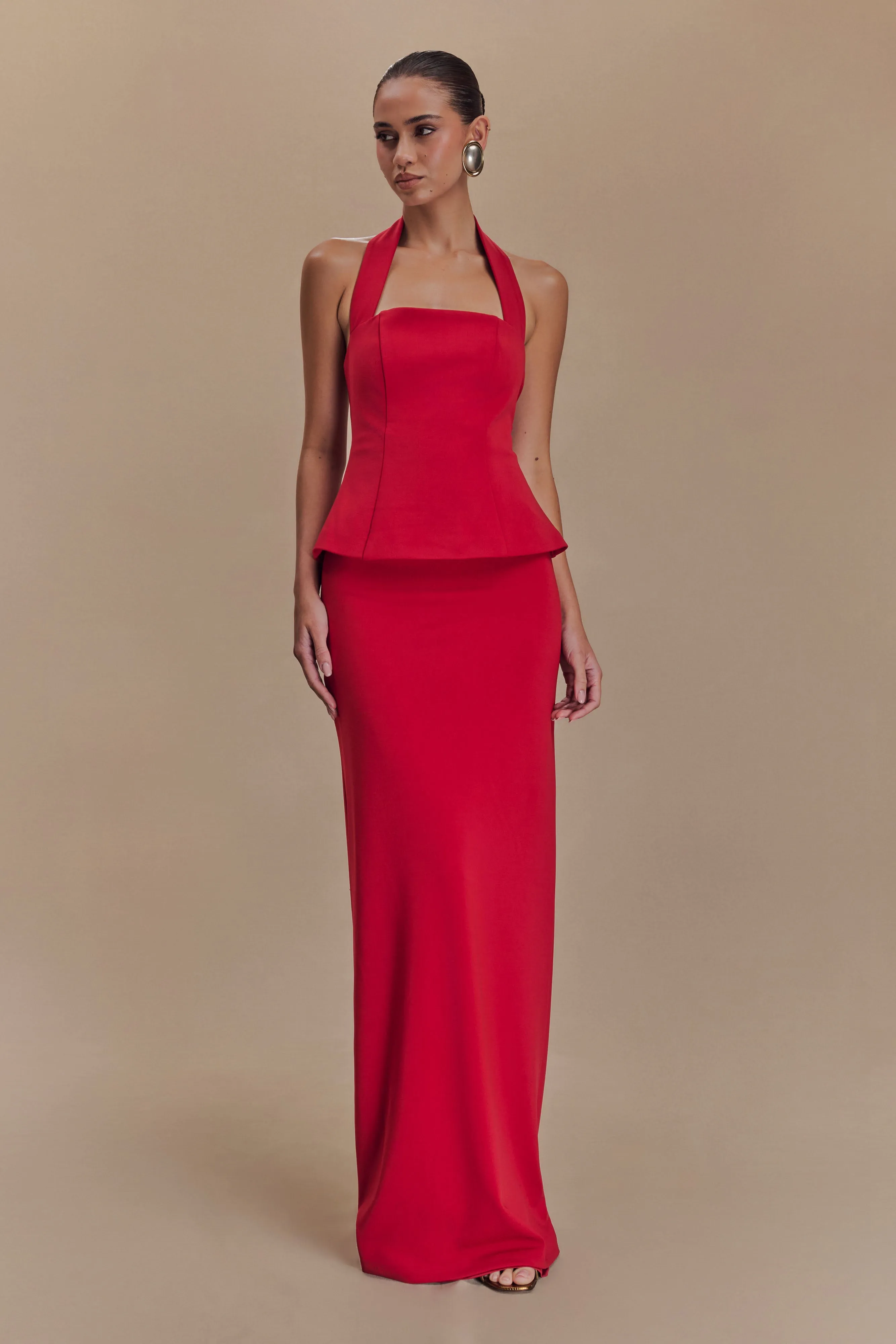 Breezy Fit Guest Shine Bertie Peplum Halter Maxi Dress - Ruby