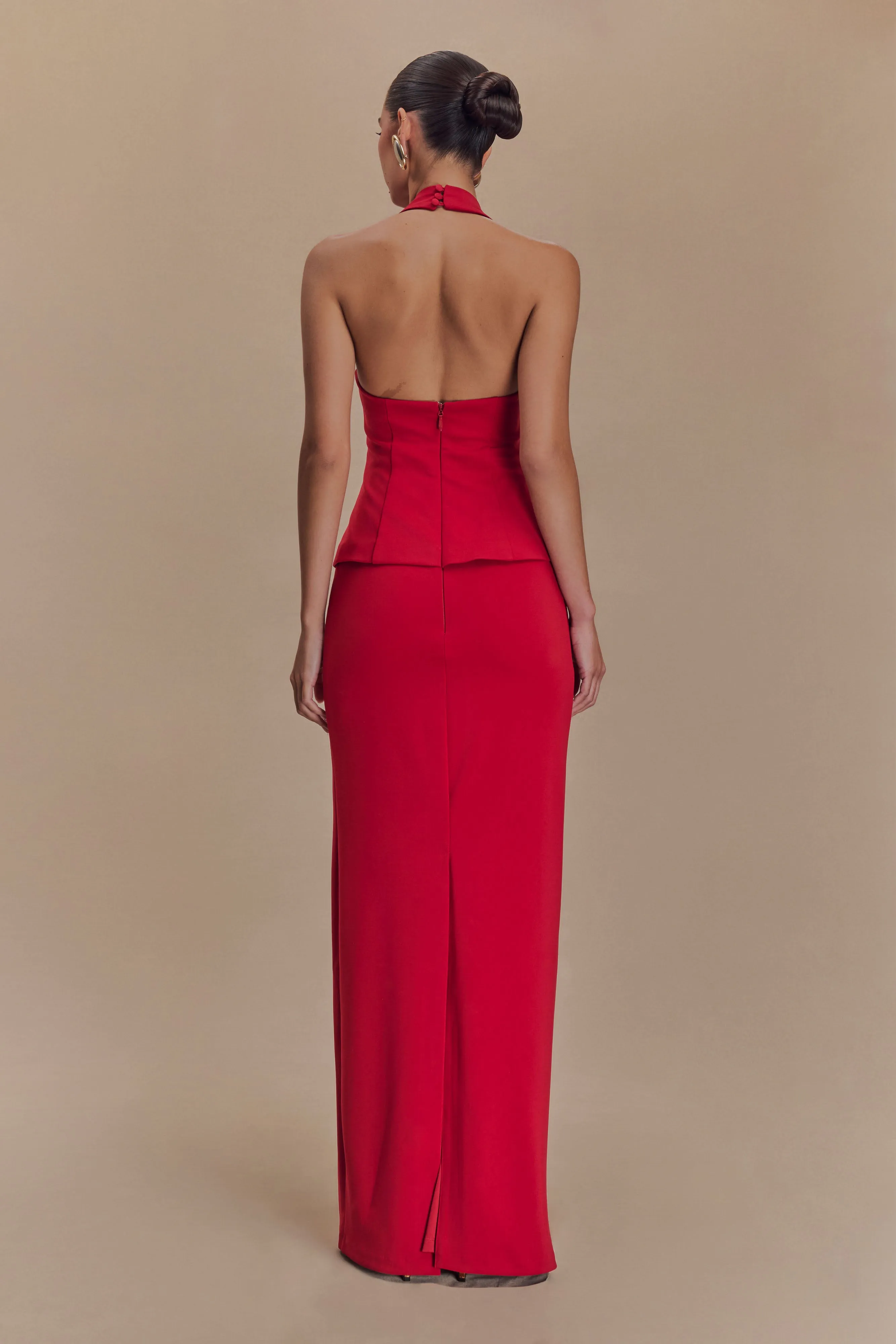 Bertie Peplum Halter Maxi Dress - Ruby Velvet-Edge
