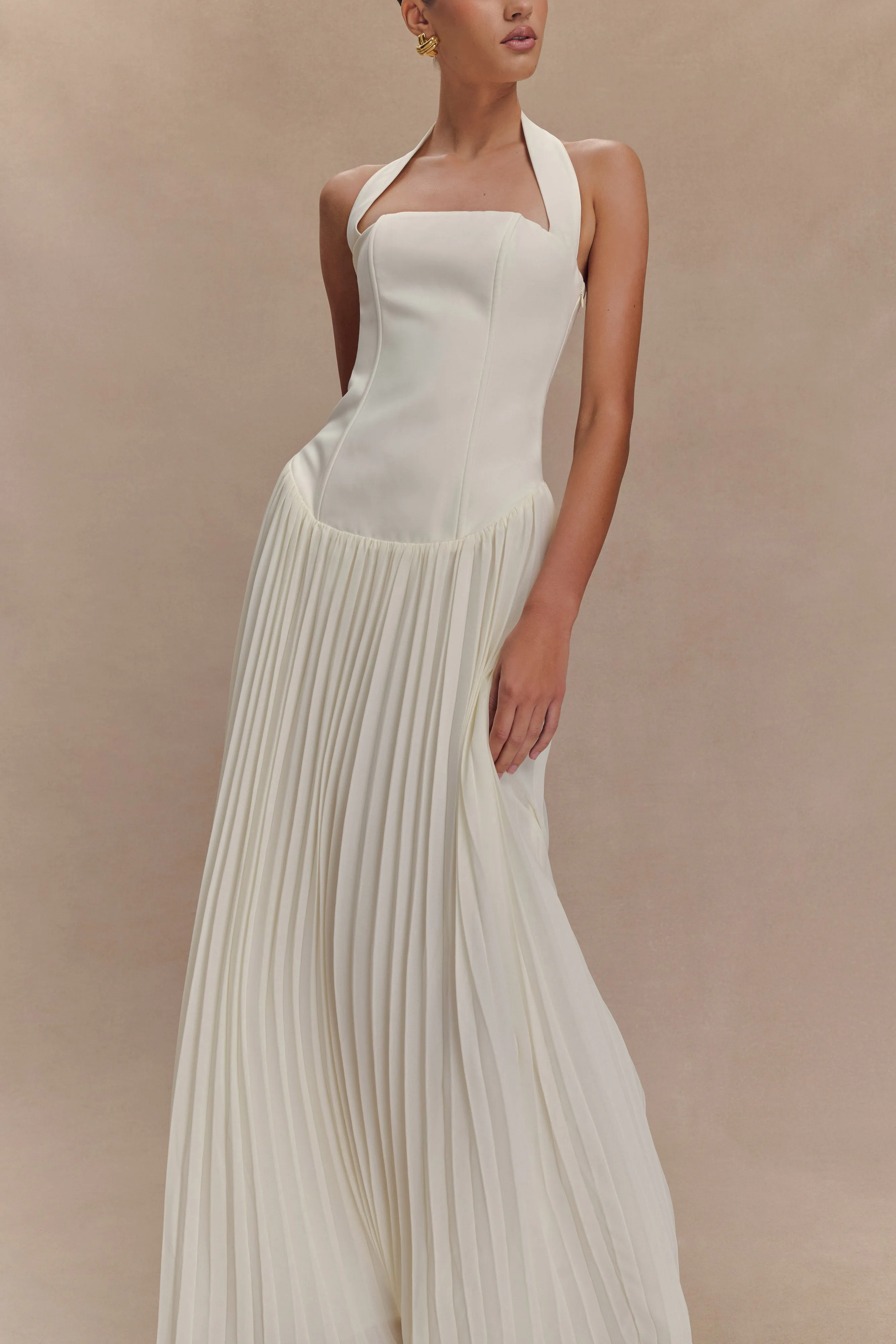 Stacie Pleated Halter Maxi Dress - Ivory Comfortable Style Stylish and Comfortable