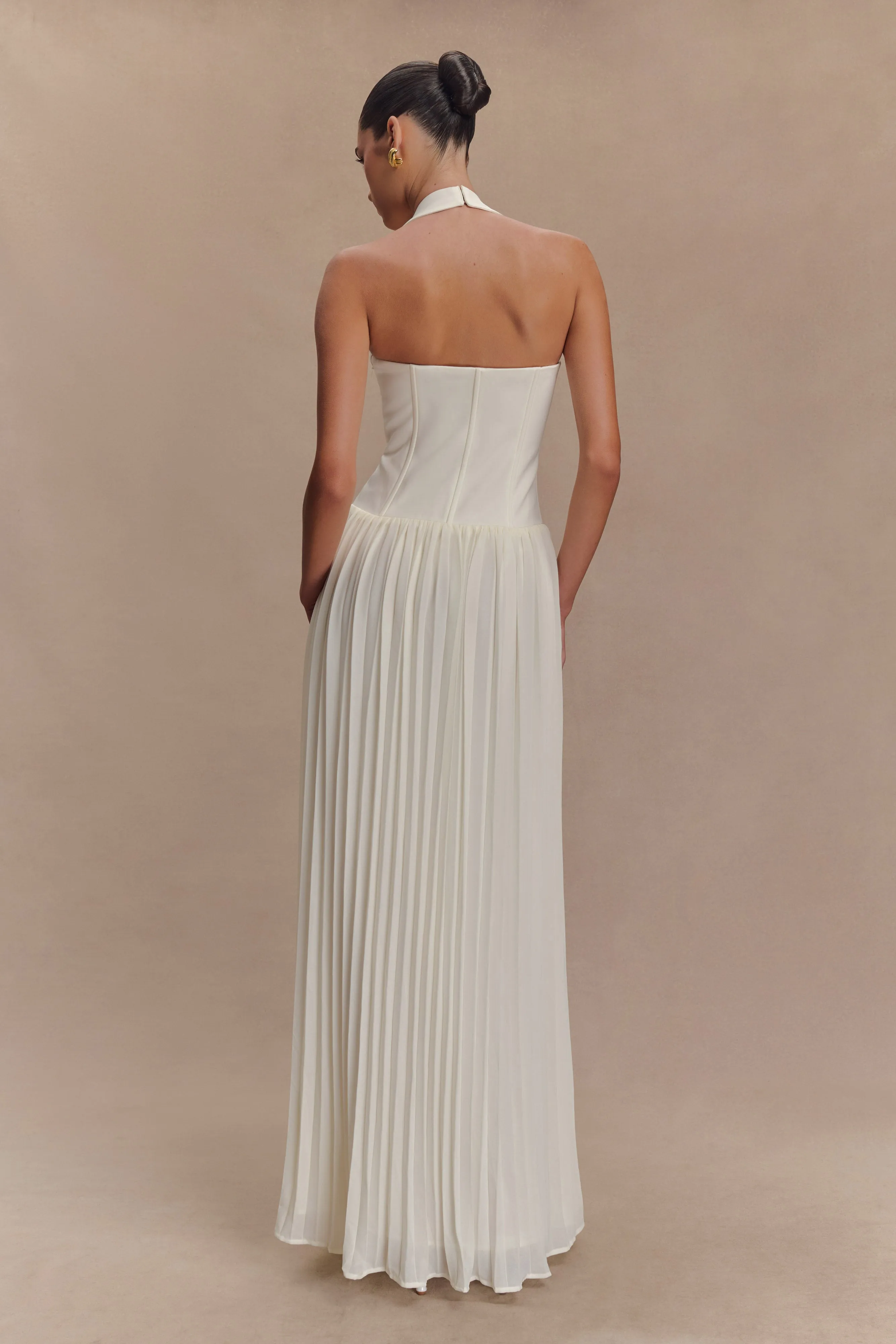 Rose Flush Skirt Flare Stacie Pleated Halter Maxi Dress - Ivory