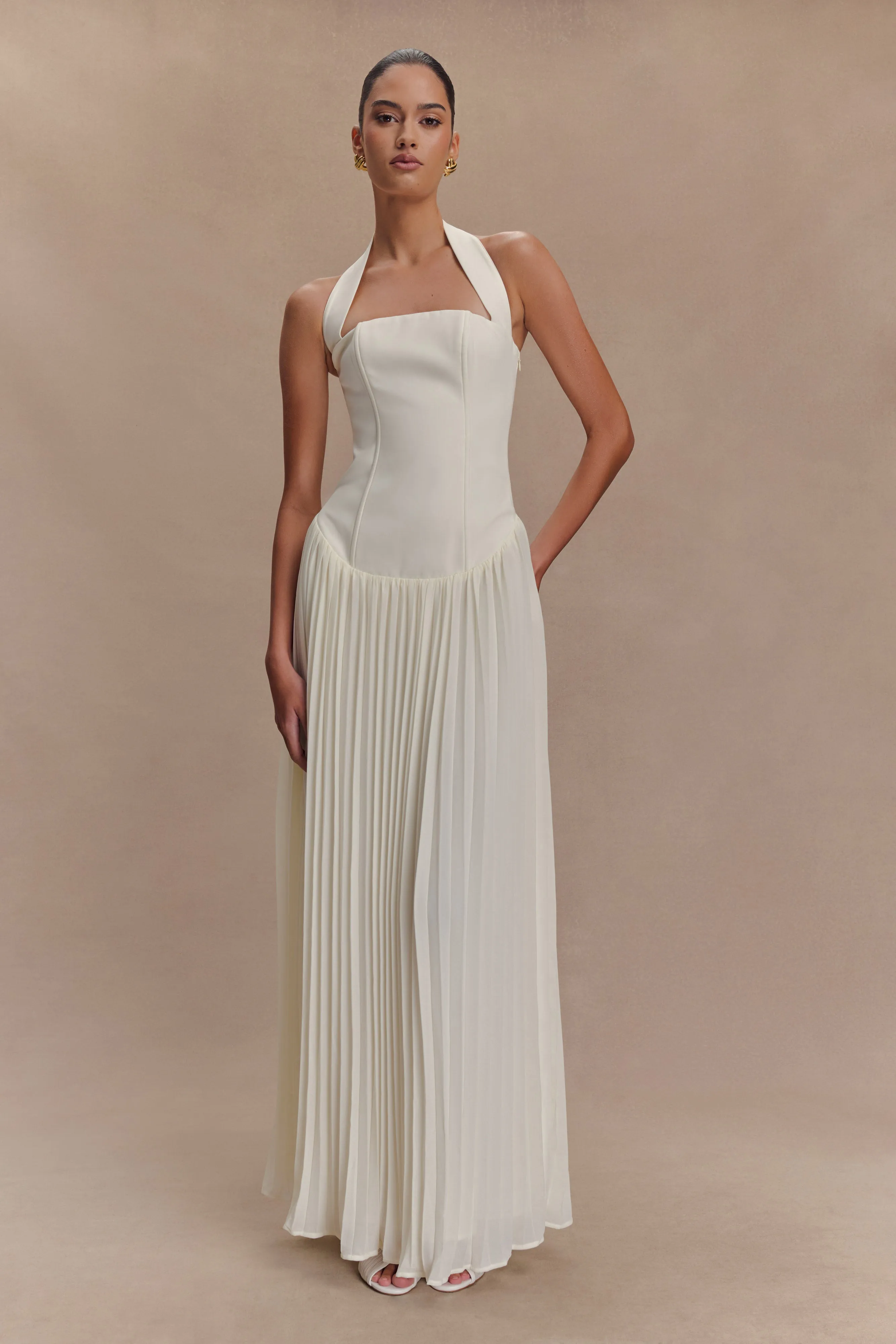 Stacie Pleated Halter Maxi Dress - Ivory Classic knee-length dress
