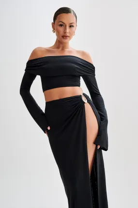 Camryn Slinky Off Shoulder Crop Top - Black ElasticTrimming Reflective Trim Details