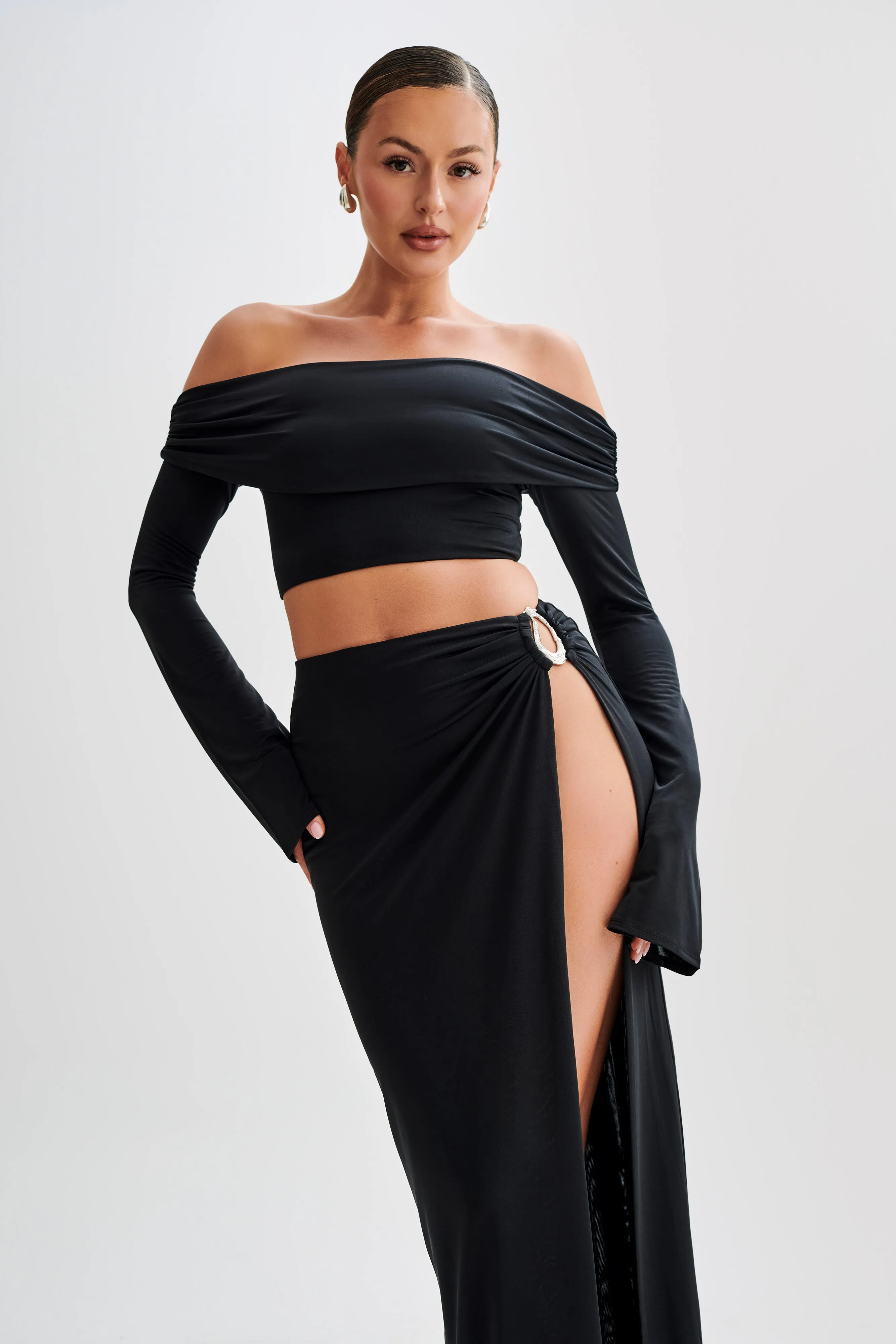 Camryn Slinky Off Shoulder Crop Top - Black ElasticTrimming Reflective Trim Details