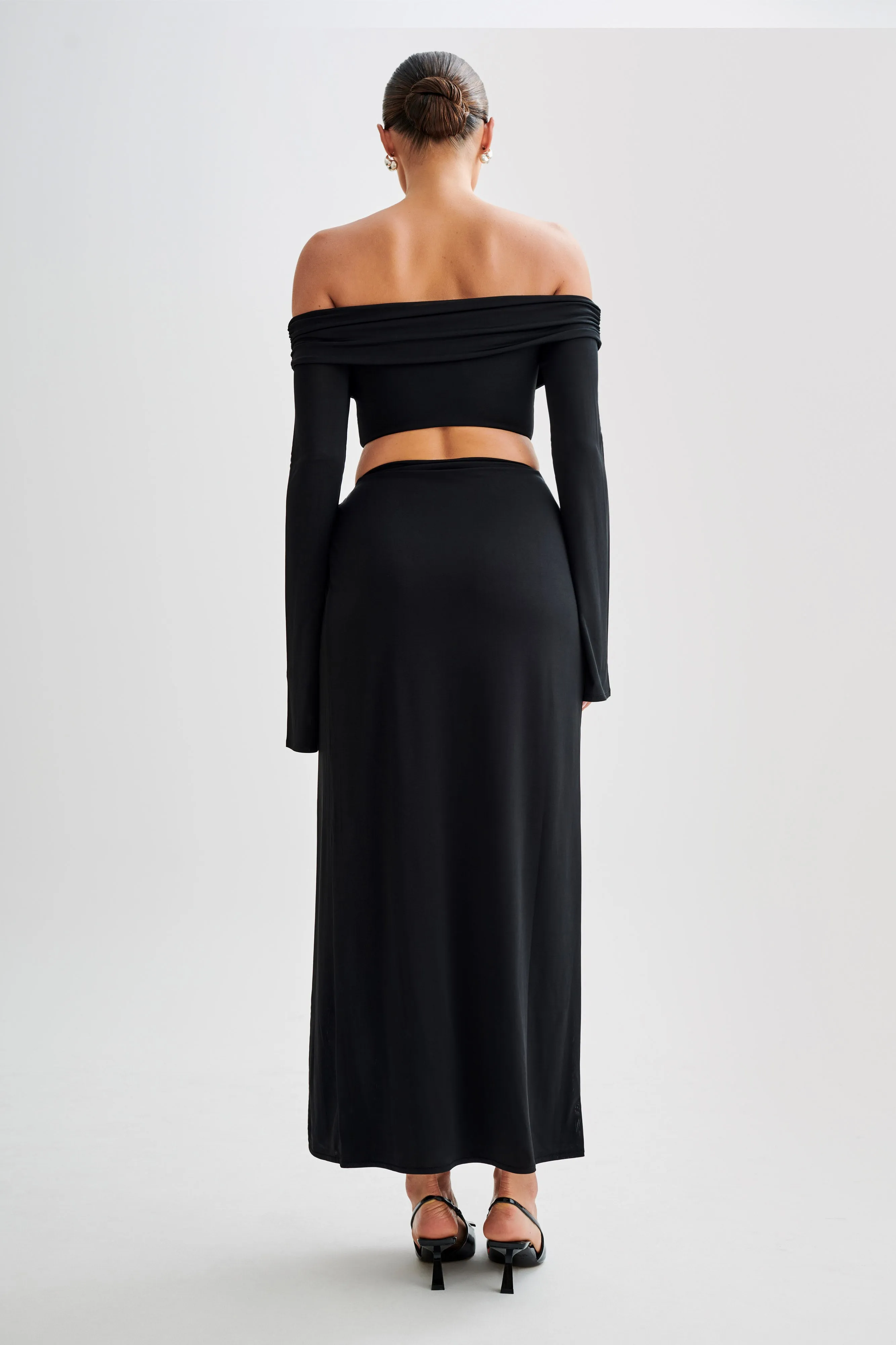 Camryn Slinky Off Shoulder Crop Top - Black Double Layered Hem UVProtectionCoating
