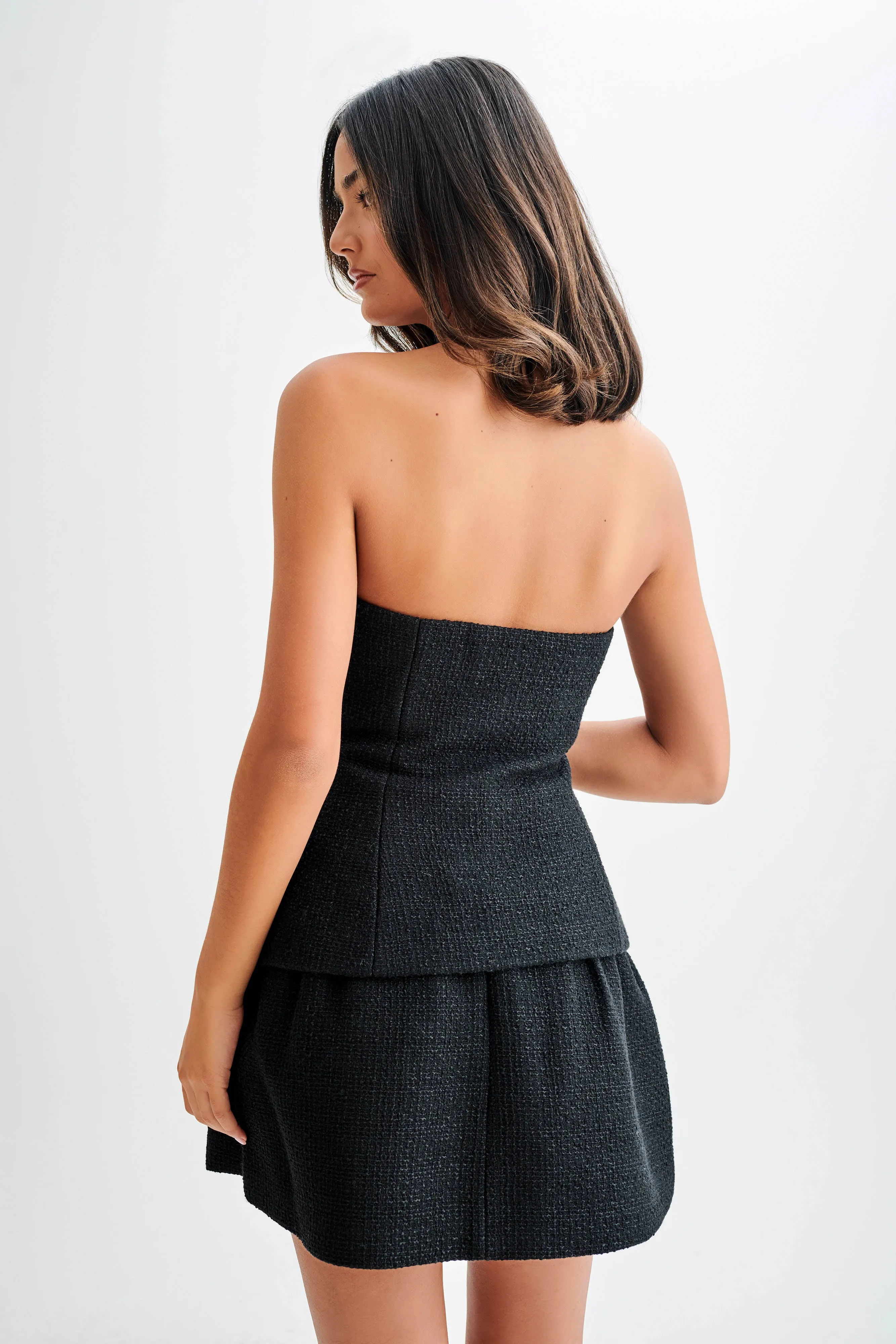 DropShoulderConstruction Reinforced Neckline Detail Cyrus Strapless Boucle Top - Black