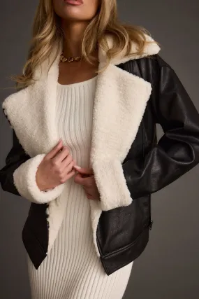 WrinkleFree Structure Recycled Polyester Blend Starla Black Vegan Leather Sherpa Jacket