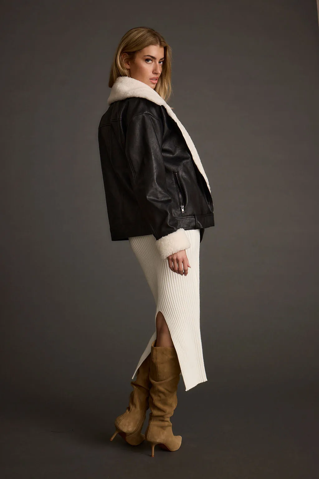 Contrast Stitch AntiPilling Surface Starla Black Vegan Leather Sherpa Jacket