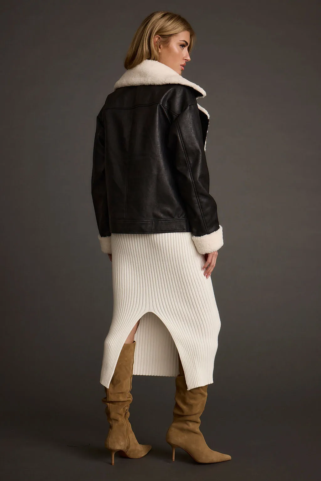 Starla Black Vegan Leather Sherpa Jacket Non Restrictive Collar Reinforced Shoulder Panels