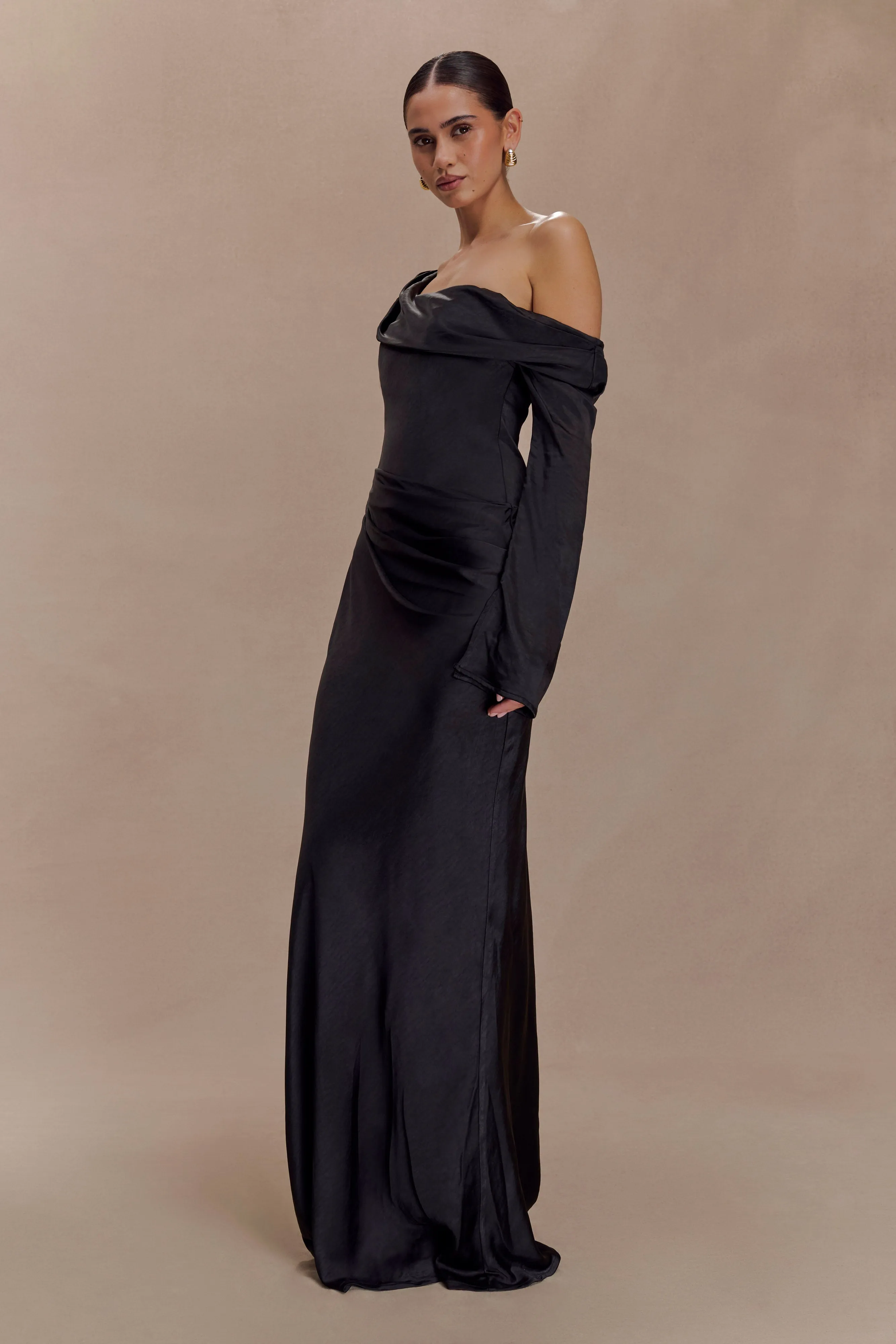 Iris Long Sleeve Satin Maxi Dress - Black Versatile Comfort Everyday Layers