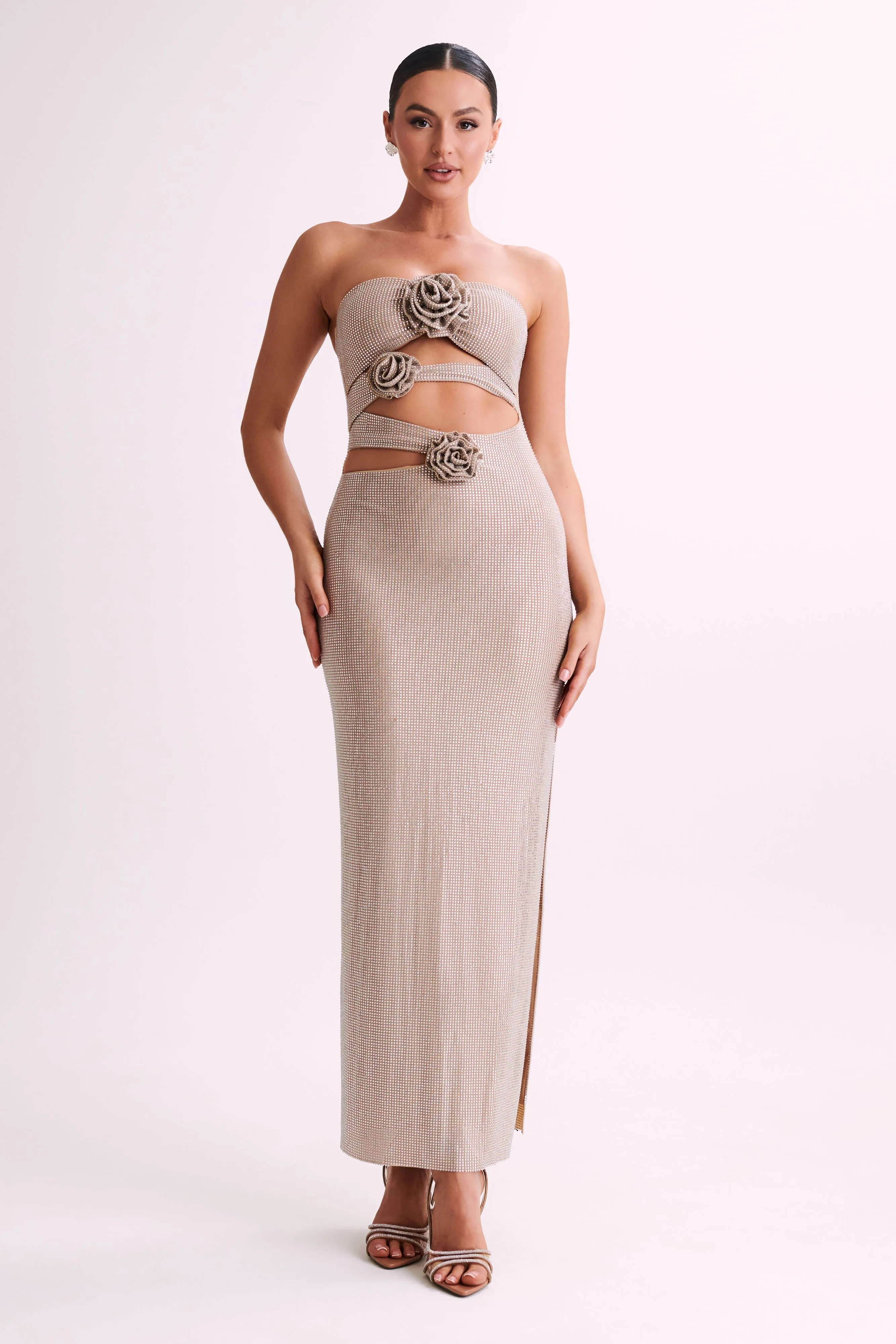 Stassie Strapless Rose Diamante Maxi Dress - Nude High Cut