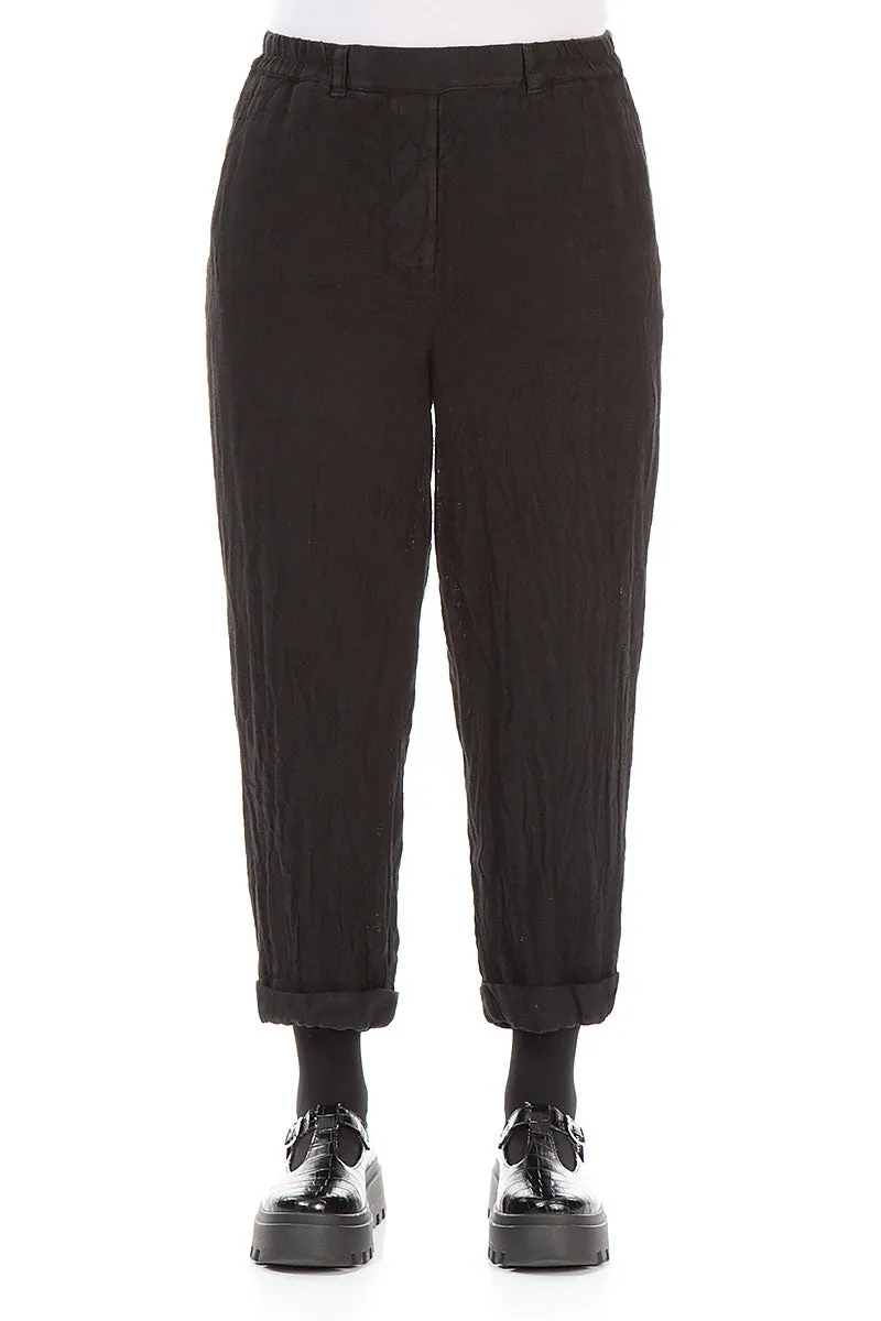High Density Weave Roll Up Black M??lange Linen Trousers